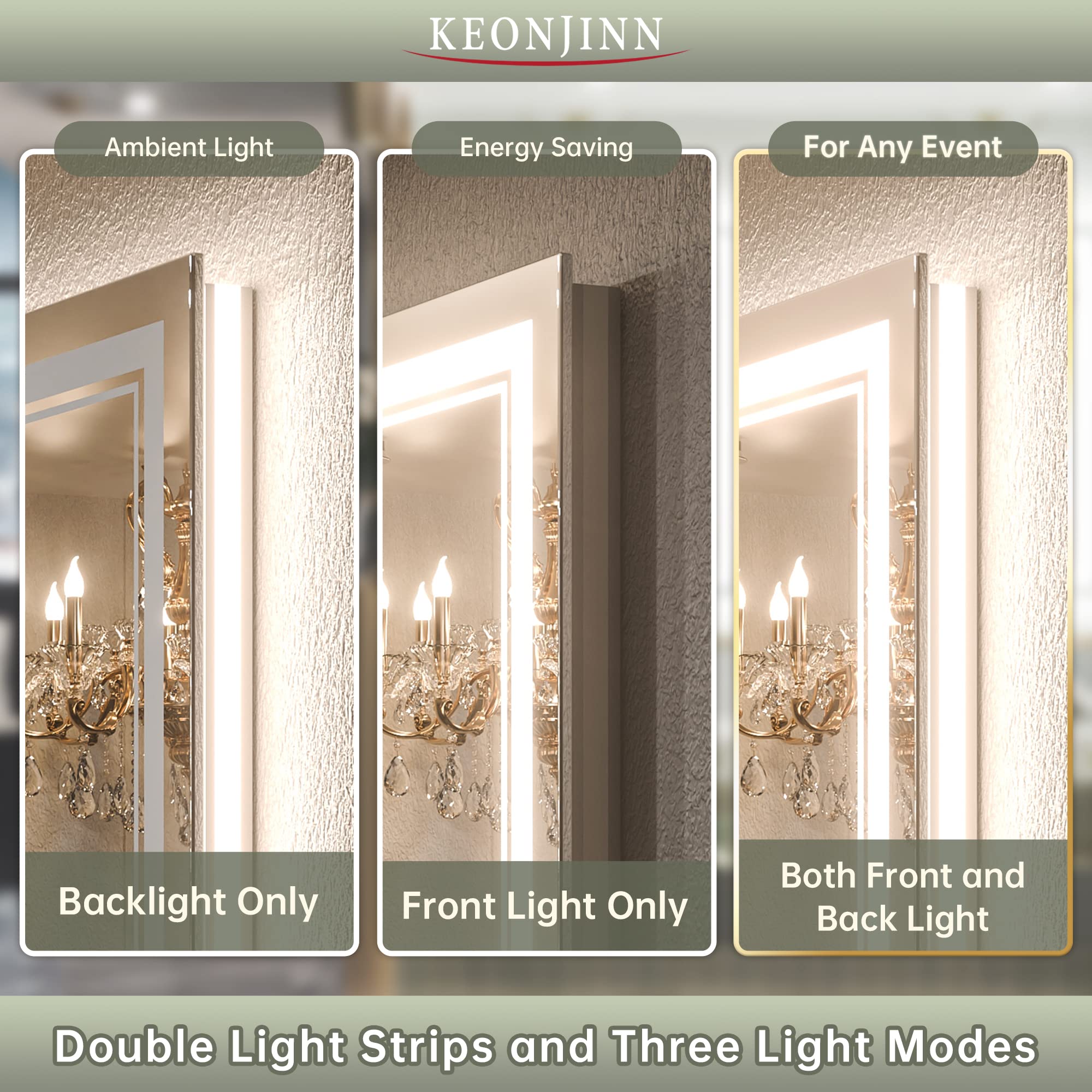 Keonjinn Led Bathroom Mirror 72'' X 36'' With Backlit And Frontlit, Large Stepless 3 Colors Temperature & Dimmable Vanity Mirror