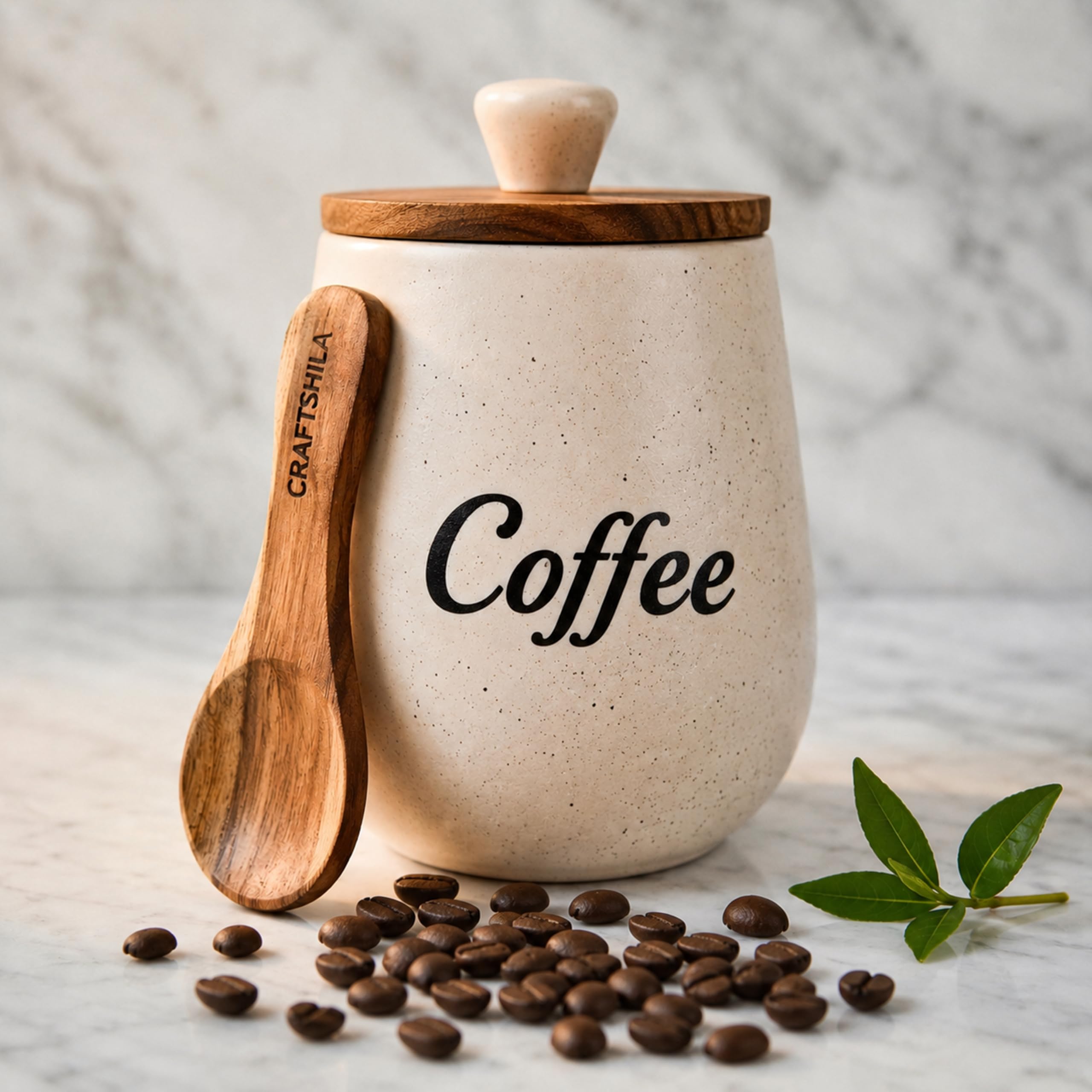 Craftshila Ceramic Coffee Container With Wooden Spoon & Lid | Coffee Jar & Container For Kitchen Storage Set | Multi Utility Air