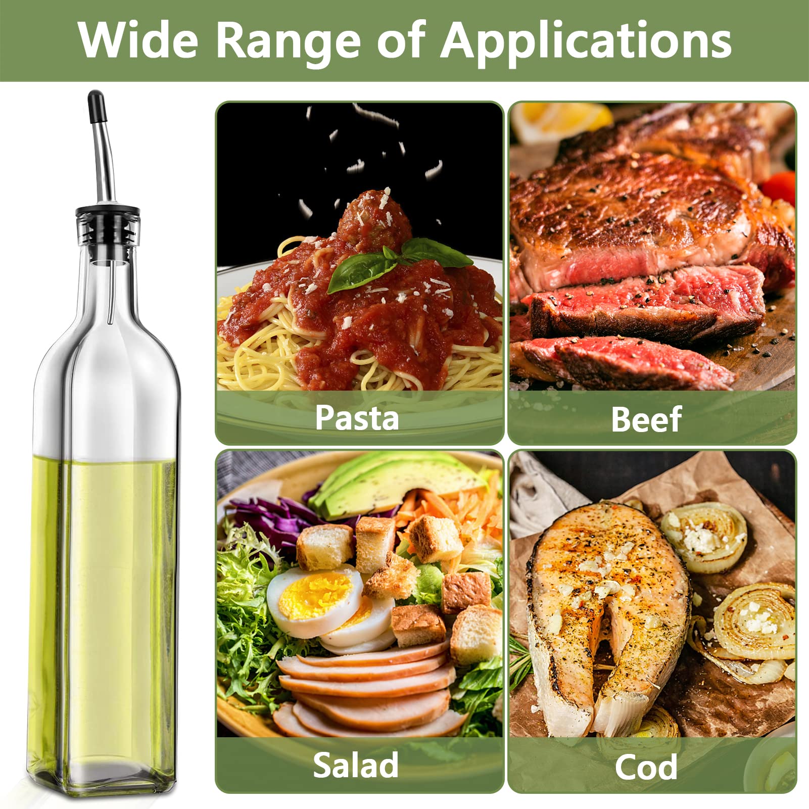 Leaflai Olive Oil Dispenser Set, 2 Glass Bottles, 500ml, Includes 2 Pourers, Labels, Brush, Funnel, Transparent