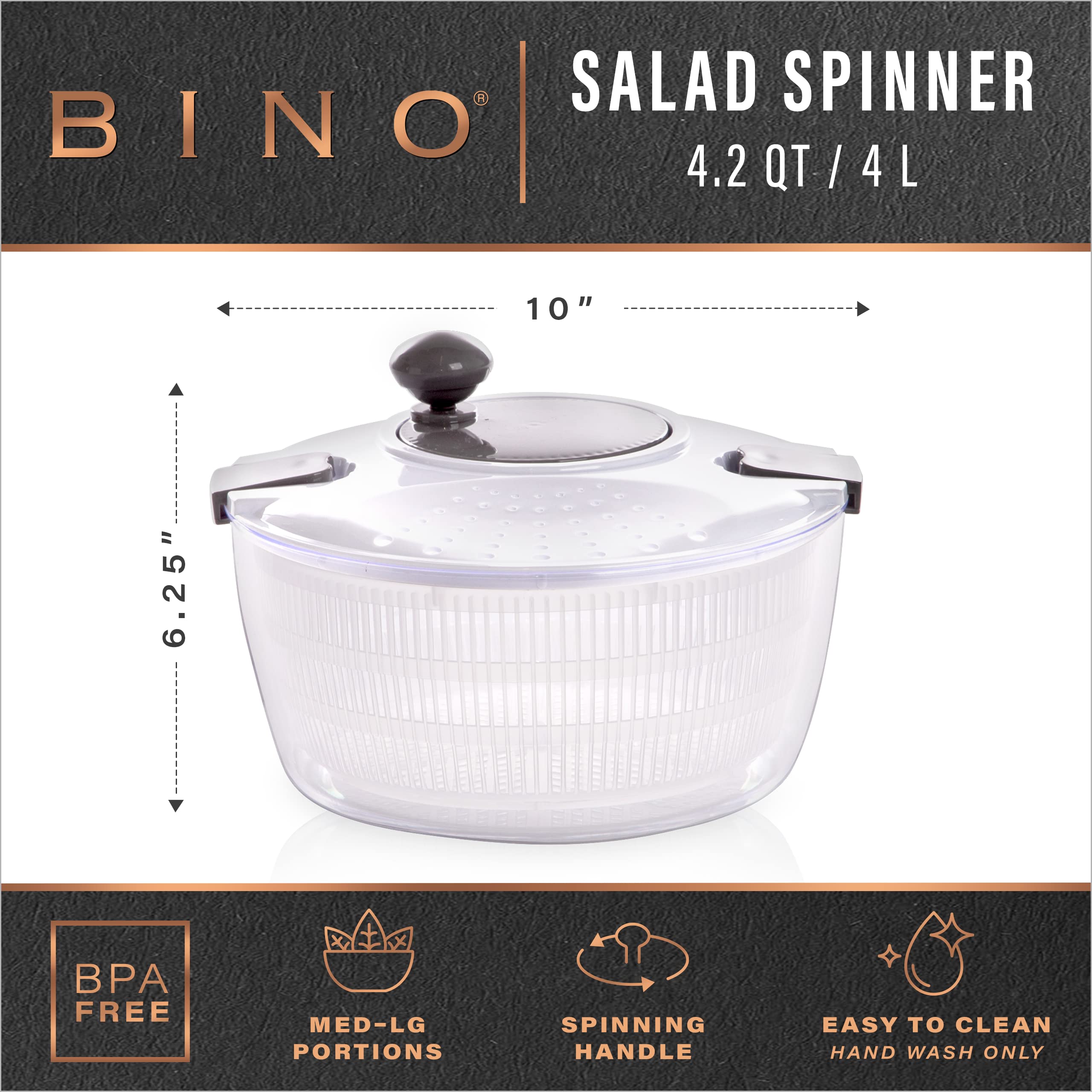 Bino | Salad Spinner - 4.2 Qt | Large Manual Lettuce Spinner With Secure Lid Lock & Built-In Draining System | Salad Spinner Wit