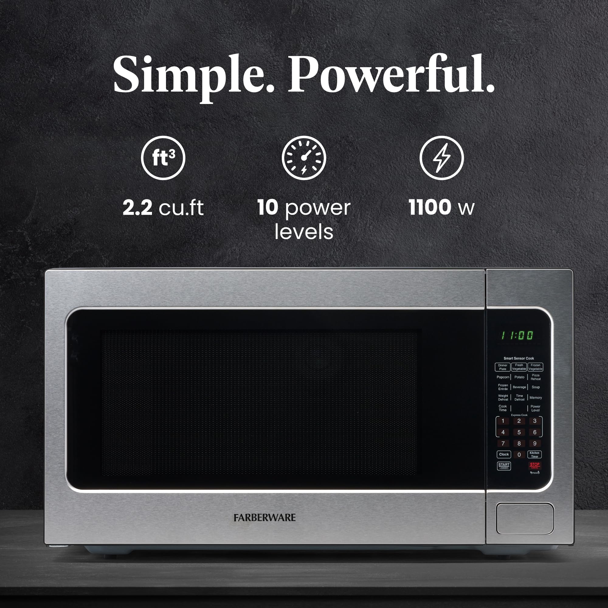 Farberware 1100W 2.2 Cu Ft Countertop Microwave Oven With Smart Sensor, Led Lighting, Child Lock - For Apartments And Dorms