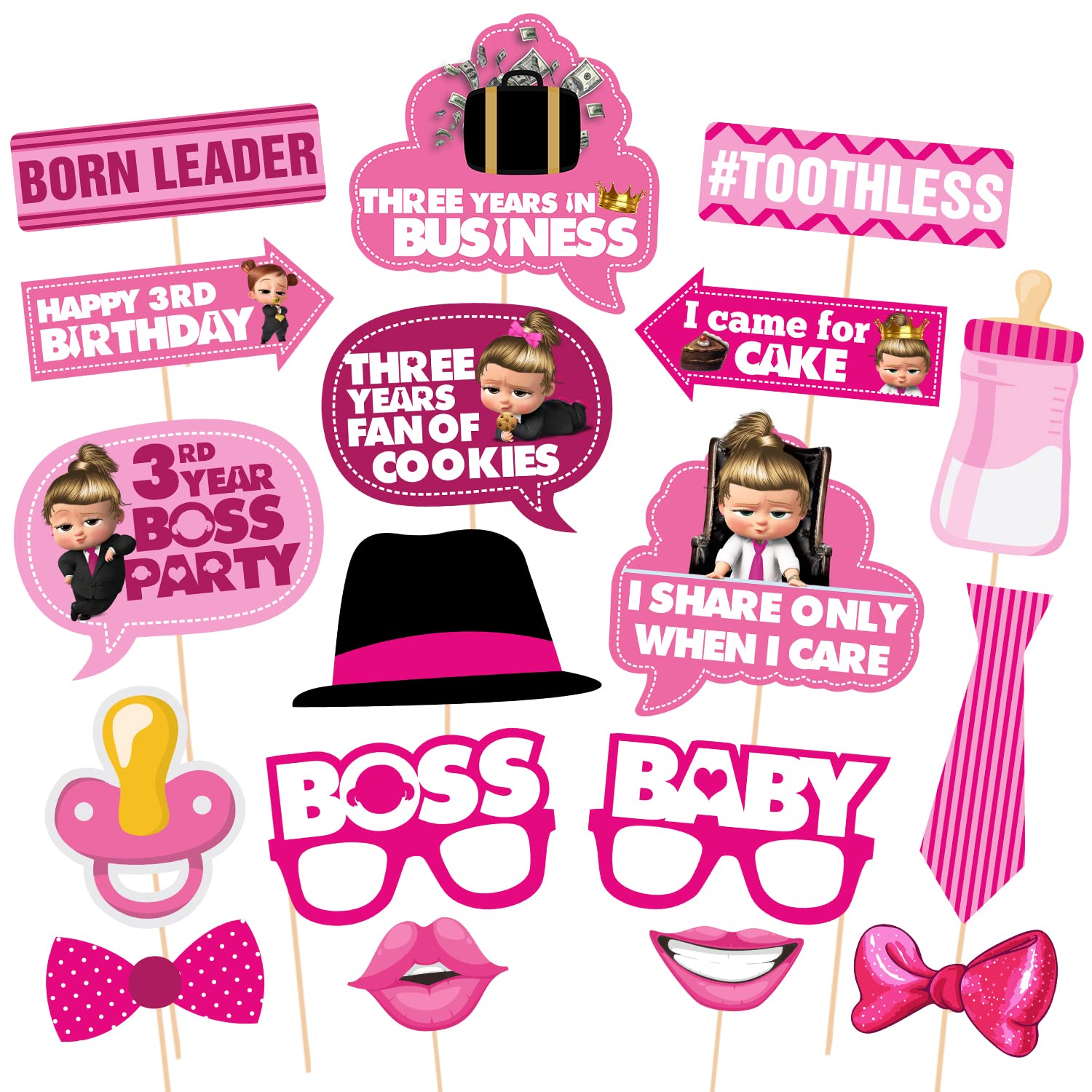 Zyozique Boss Baby Girl 3rd Birthday Theme Photo Booth Props 18 Pieces with Wooden Sticks for Boss Baby Second Birthday Party De