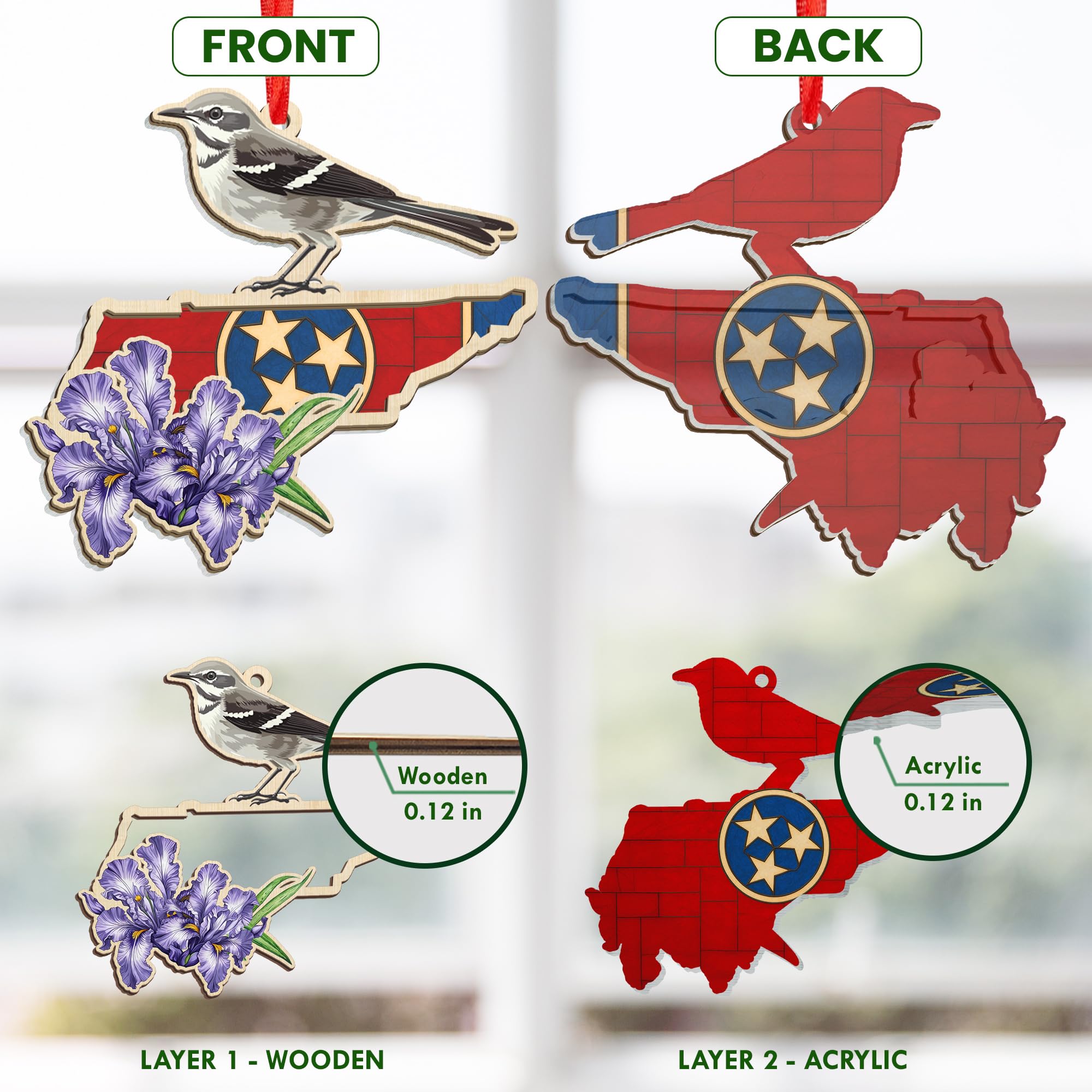 FLAGWIX Christmas Tennessee Gifts for Women Men - Suncatcher Tennessee Christmas Ornaments 2025 - State Ornaments for Tree with