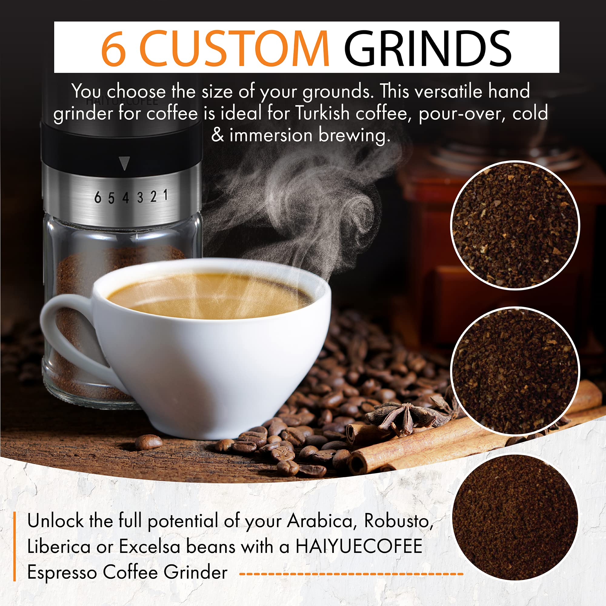 Haiyuecofee Manual Coffee Grinder With 6 Adjustable Coarseness Settings, Hand Crank Coffee Mill With Ceramic Burr For Espresso B