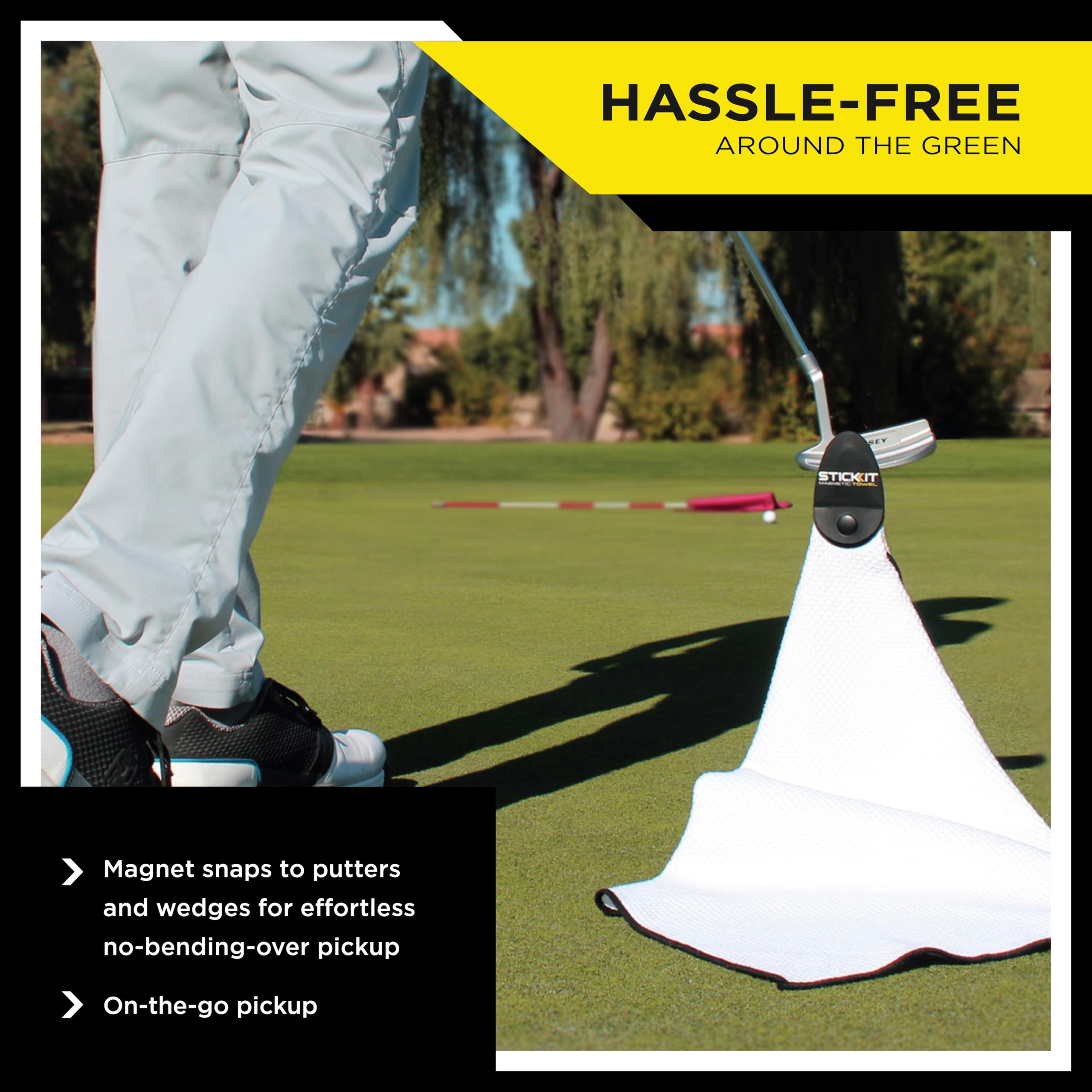 STICKIT Magnetic Towel  White  Top-Tier Microfiber Golf Towel with Deep Waffle Pockets  Industrial Strength Magnet for Strong Hold to Golf Carts or Clubs