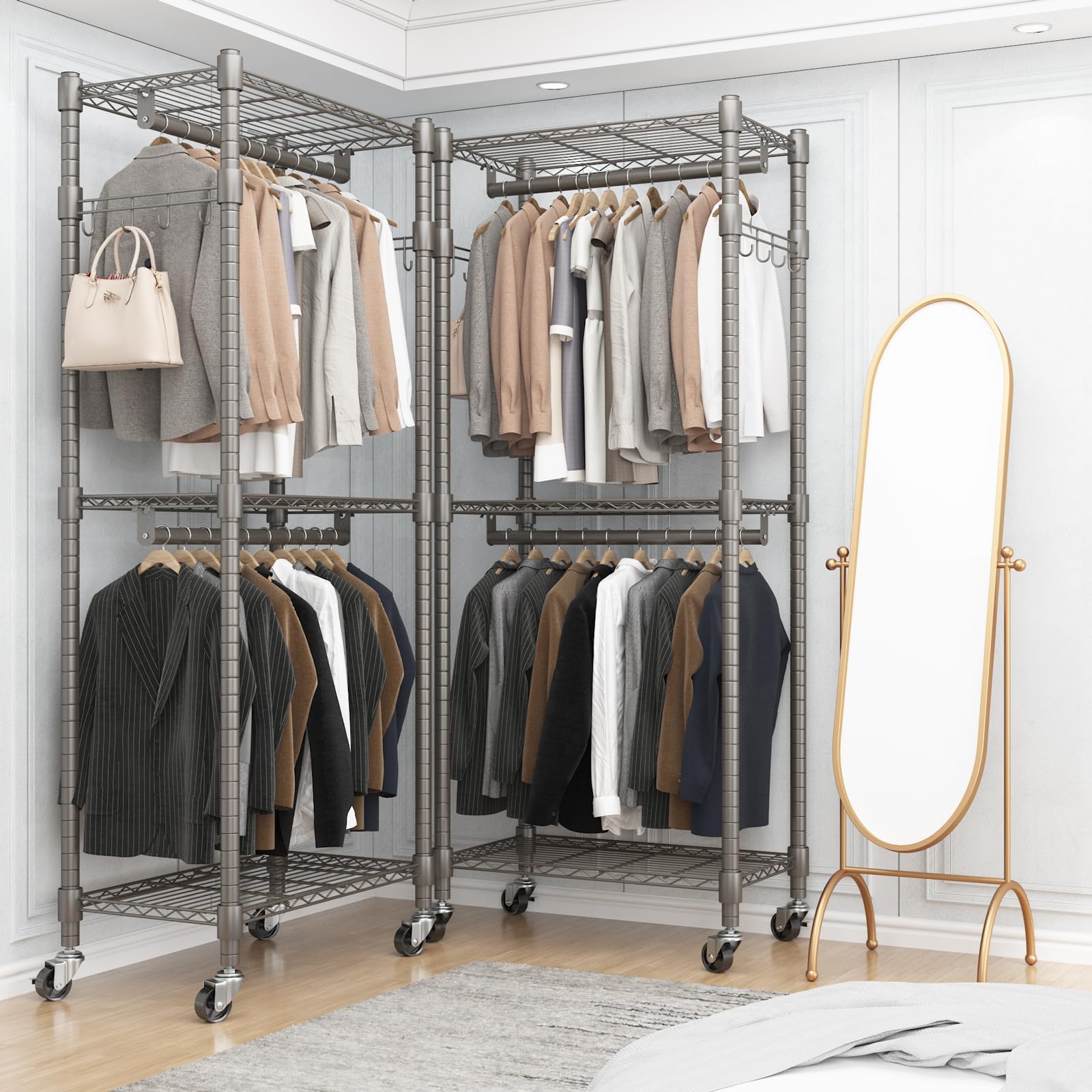 Bathwa Clothes Rack Rolling Narrow 2 Tier Garment Rack For Hanging Clothes, Space Saving Portable Clothing Rack With Wheels And