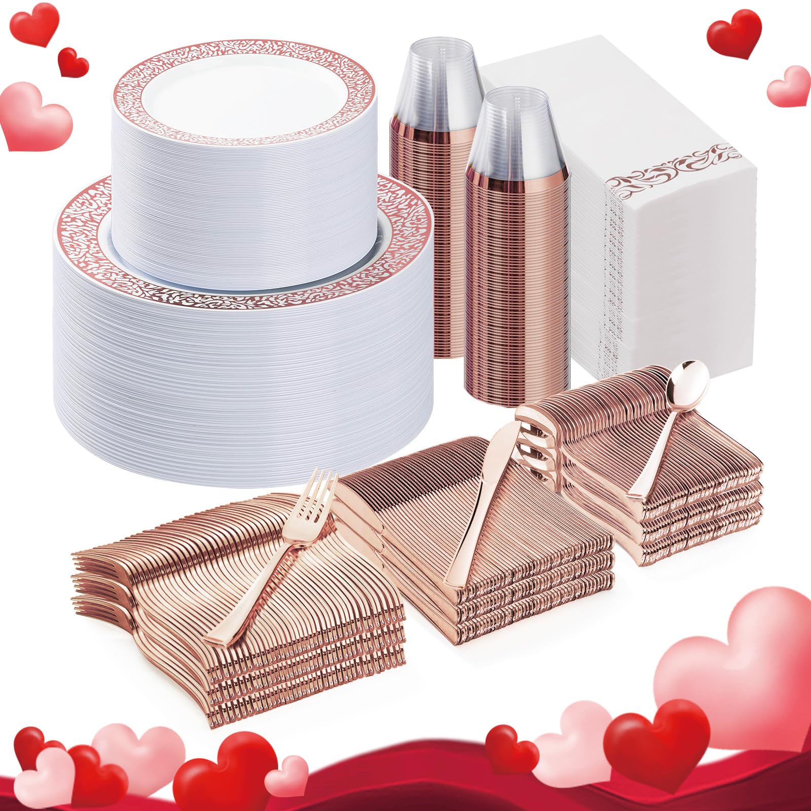 Bestluck 700Pcs Rose Gold Plastic Dinnerware Set For 100 Guests, Disposable Plates For Valentine'S Day, Include 100 Rose Dinner