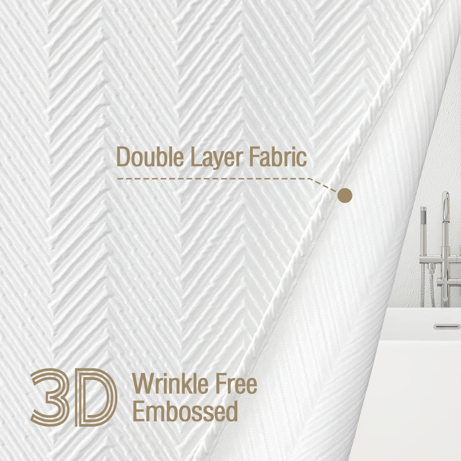Gibelle Long Shower Curtain 72 X 78, Tall 3D Embossed Textured White Fabric Shower Curtain, Modern Farmhouse Herringbone Decorat