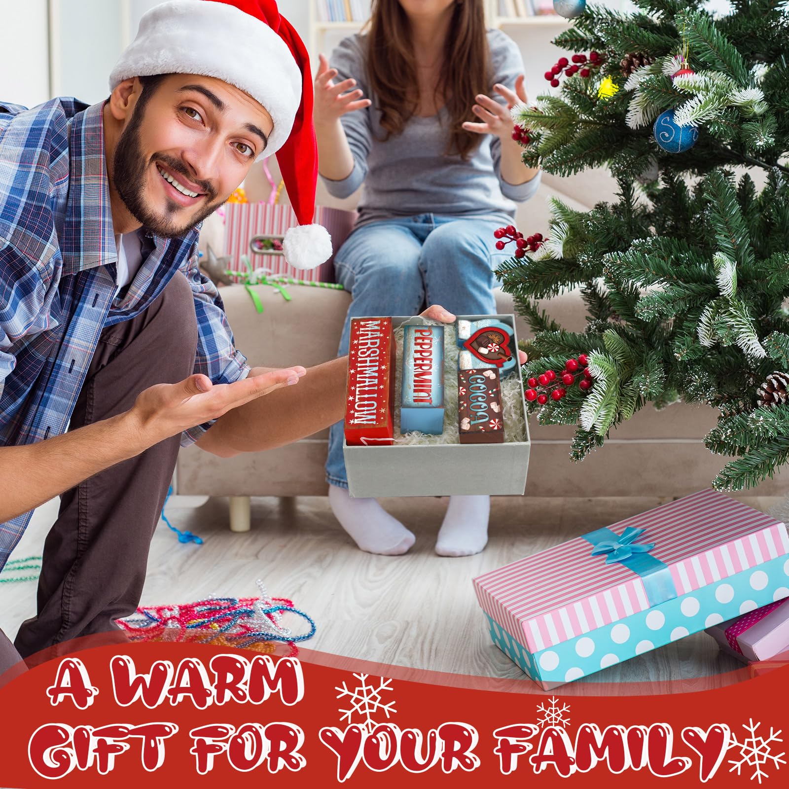 Moucuny 4 Pcs Winter Hot Cocoa Table Decor Christmas Wooden Decorative Signage Winter Tiered Tray Decor Centerpieces Farmhouse W