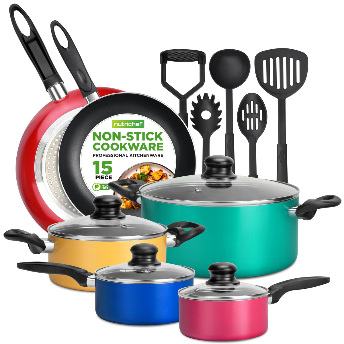 NutriChef 15-Piece Non Stick Kitchen Cookware Set PFOA/PFOS-Free, Colorful Heat Resistant Lacquer w/Saucepot, Frying Pans, Oven