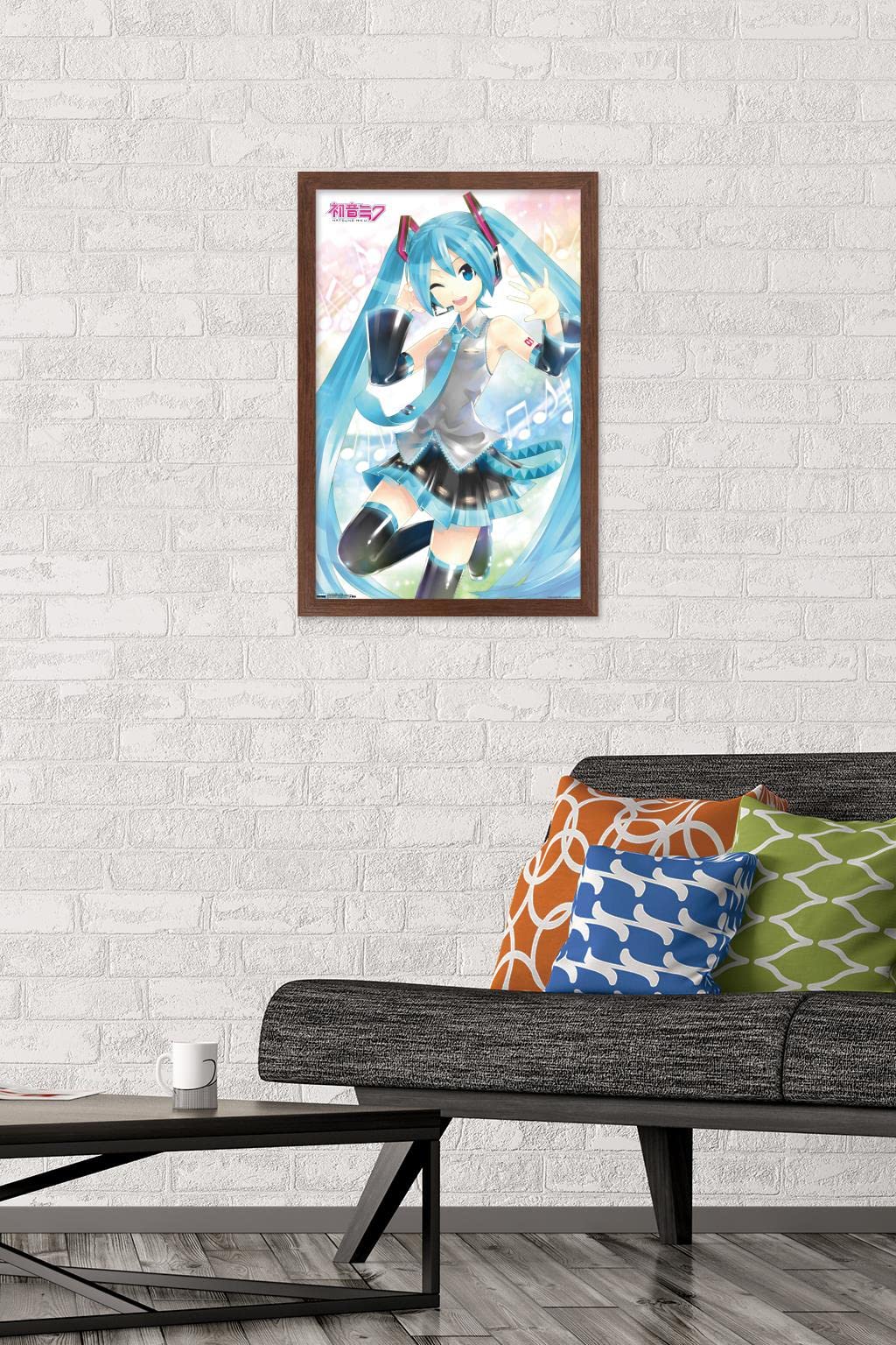Trends International Hatsune Miku - Waving Wall Poster, 14.725'' X 22.375'', Mahogany Framed Version