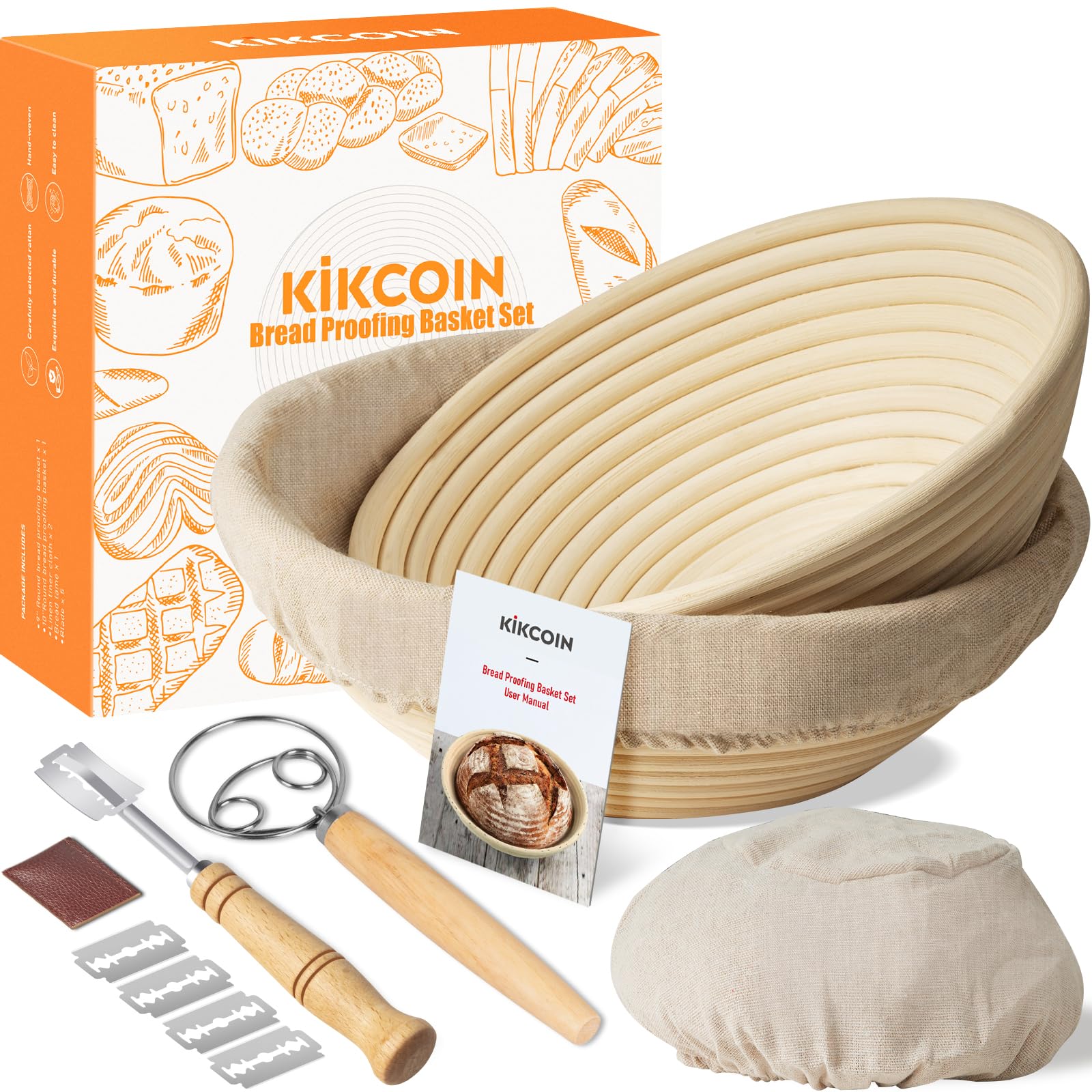 Bread Proofing Basket, Kikcoin Banneton Bread Proofing Basket Set of 2, 9 Inch & 10 Inch Round Sourdough Proofing Basket with Li
