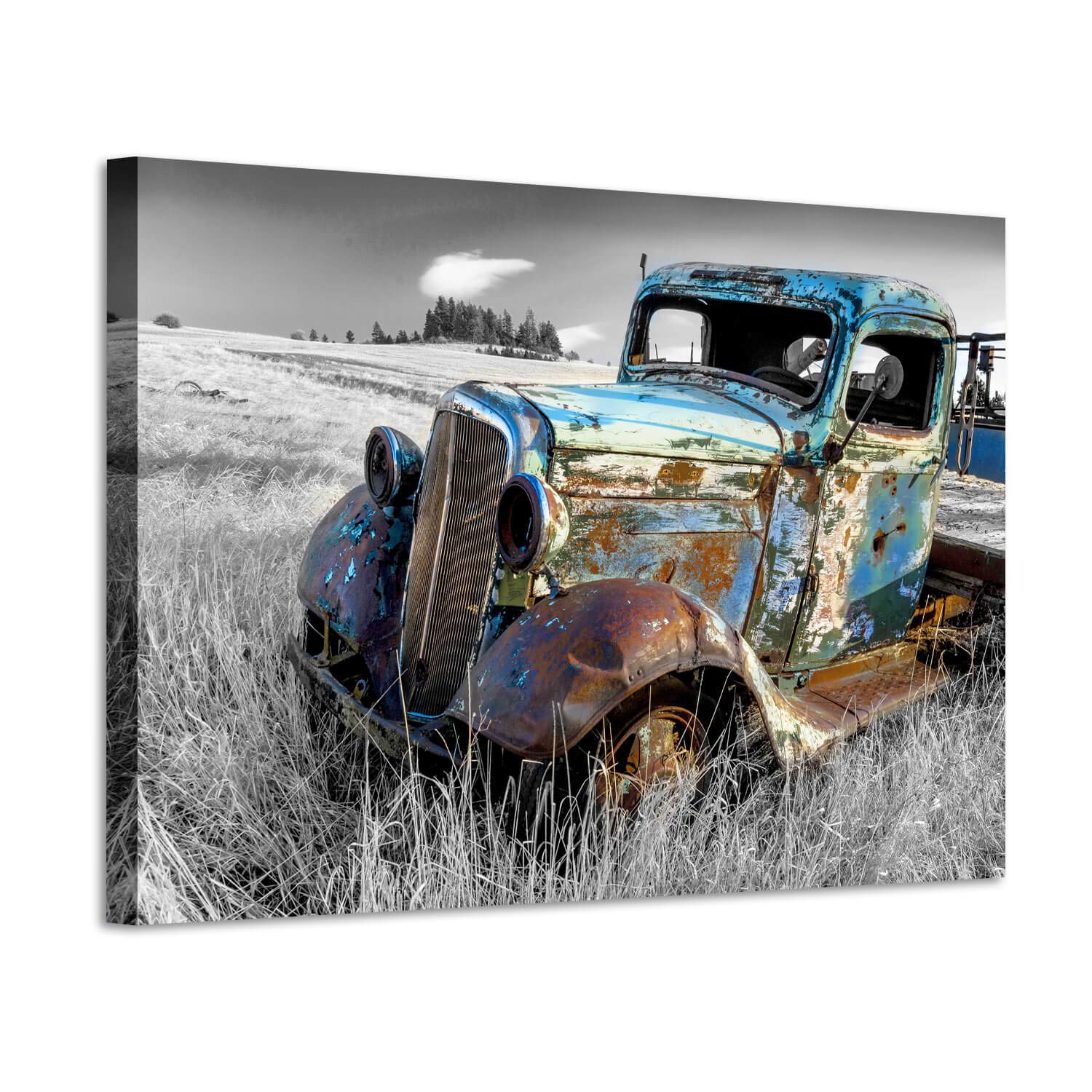 Artistic Path Rusty Truck Canvas Wall Art: Vintage Blue Car Pictures Country Artwork Prints For Living Room (36'' W X 24'' H,Mul
