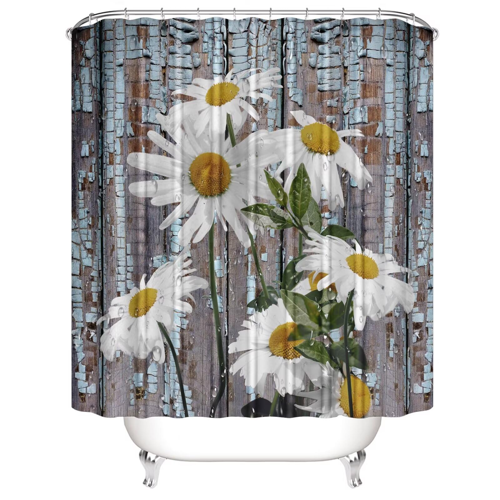 Azhm White Daisy Flower Shower Curtain Sets 4 Pcs Rustic Farmhouse Bathroom Decor Set With Shower Curtain And Rugs And Accessori