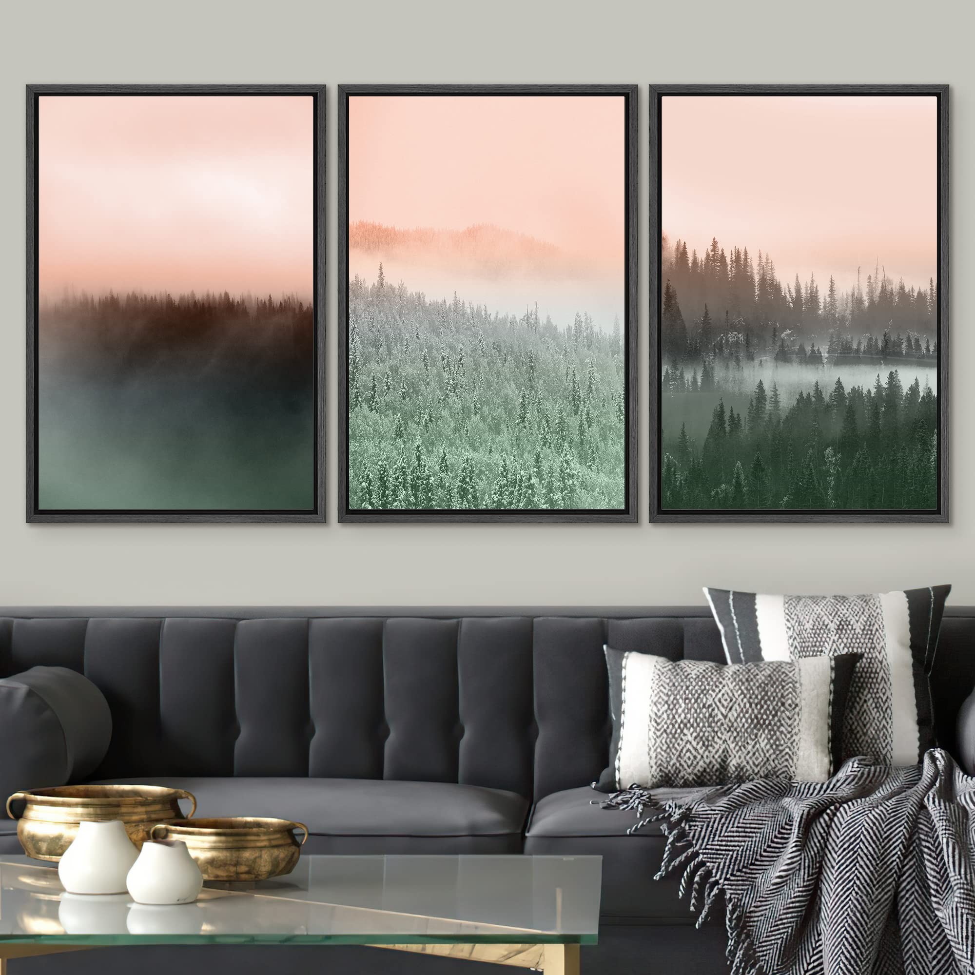 Signwin Framed Canvas Print Wall Art Set Duotone Orange Green Mountain Forest Nature Wilderness Photography Modern Art Rustic Sc