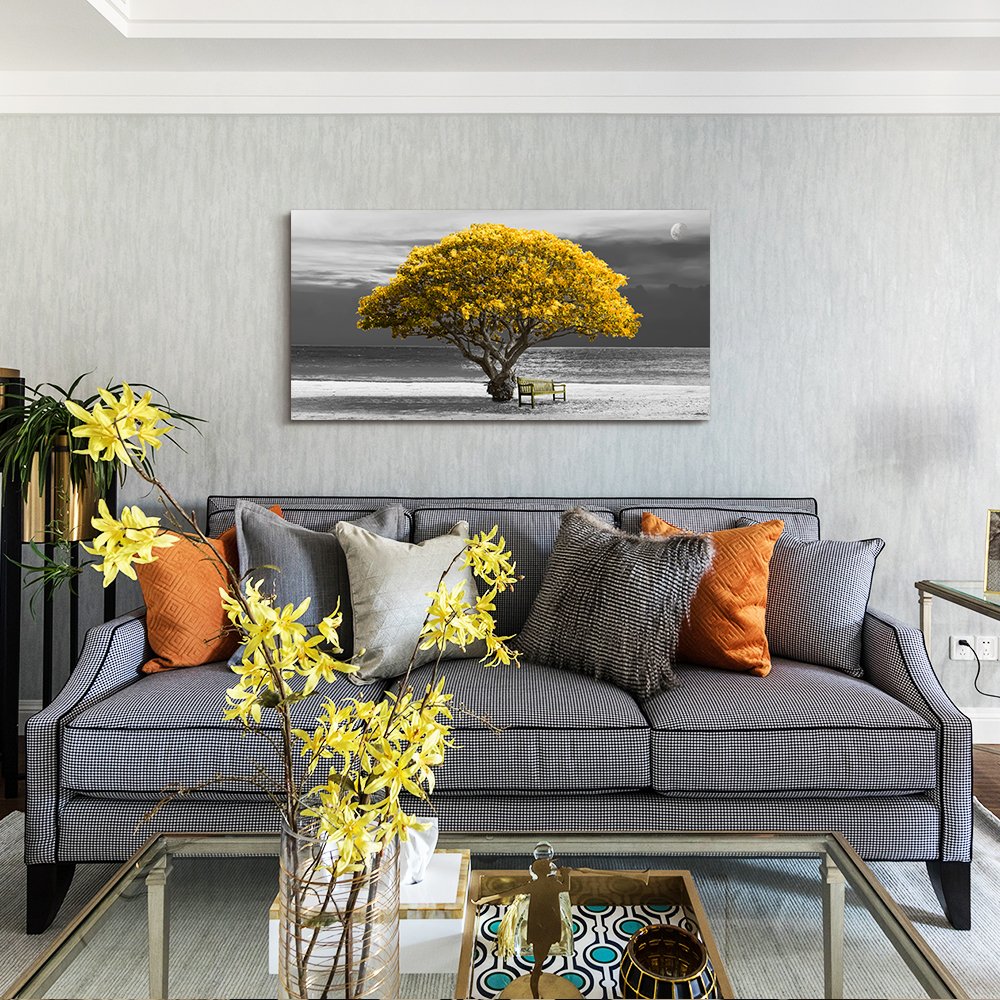 Wall Art For Living Room Decorations Photo Prints - Panoramic Black And White With Yellow Trees The Moon Scenery - Modern Home D