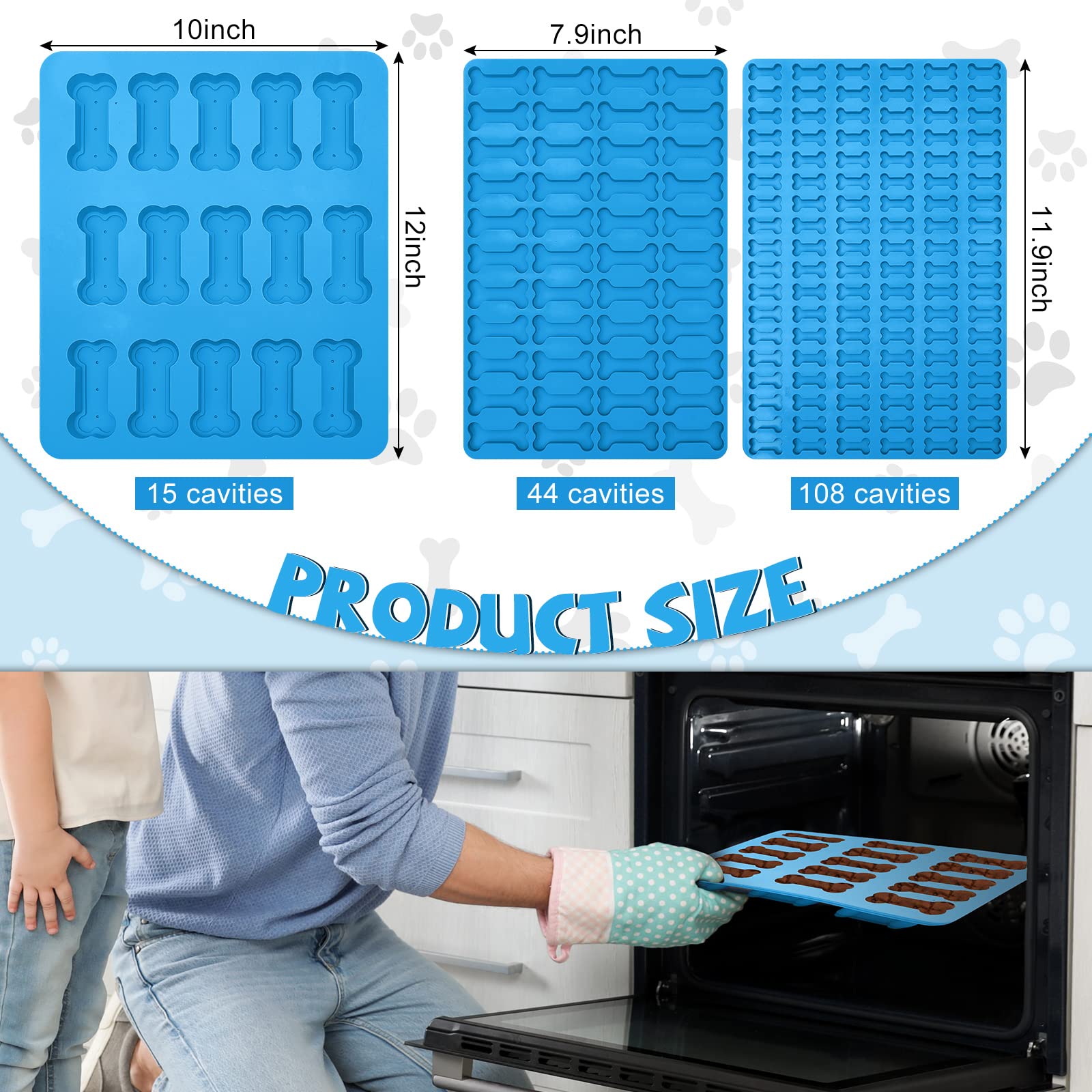 Nuogo Dog Treat Molds - 3 Pcs Silicone Bone Molds, Blue, Non-Stick, Oven/Microwave Freezer Safe, 15/44/108 Cavity