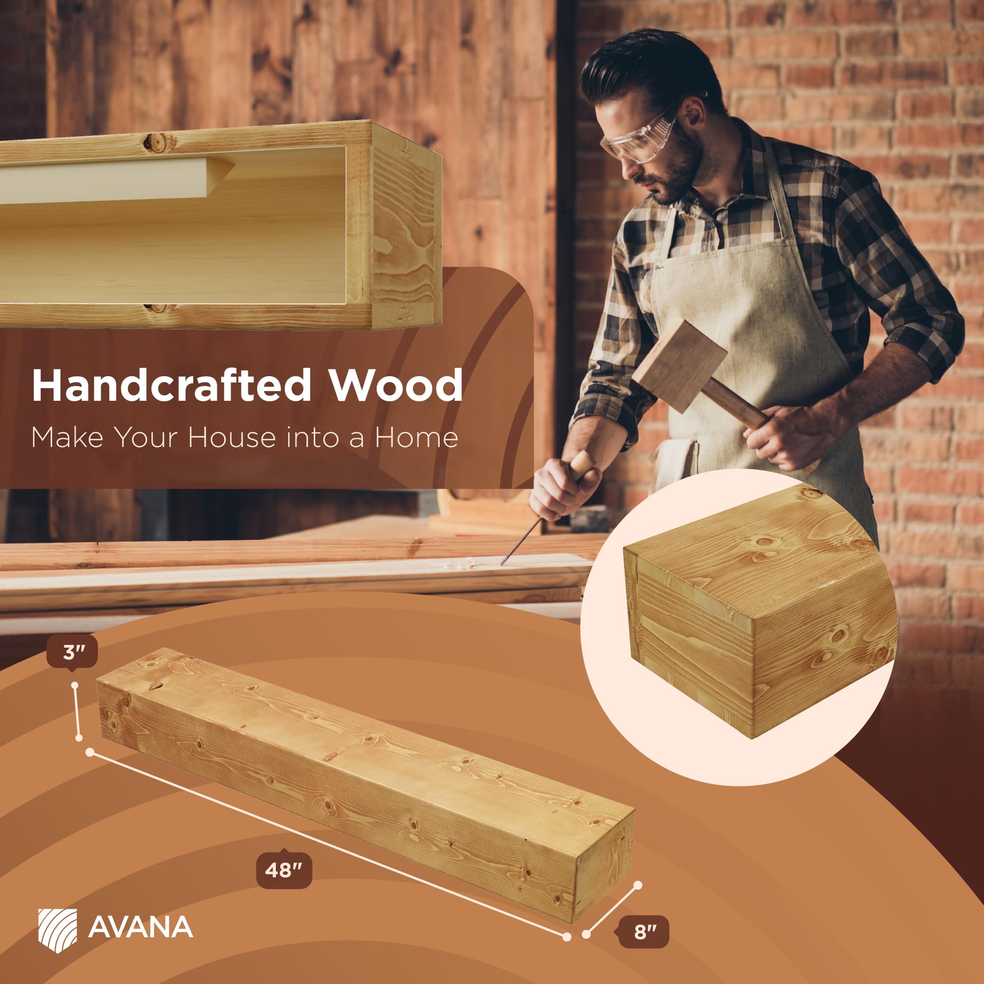 Avana Fireplace Mantle - Natural Fireplace Mantles Wood - Mounted Mantles For Over Fireplace - Handcrafted Fireplace Wood Mantel