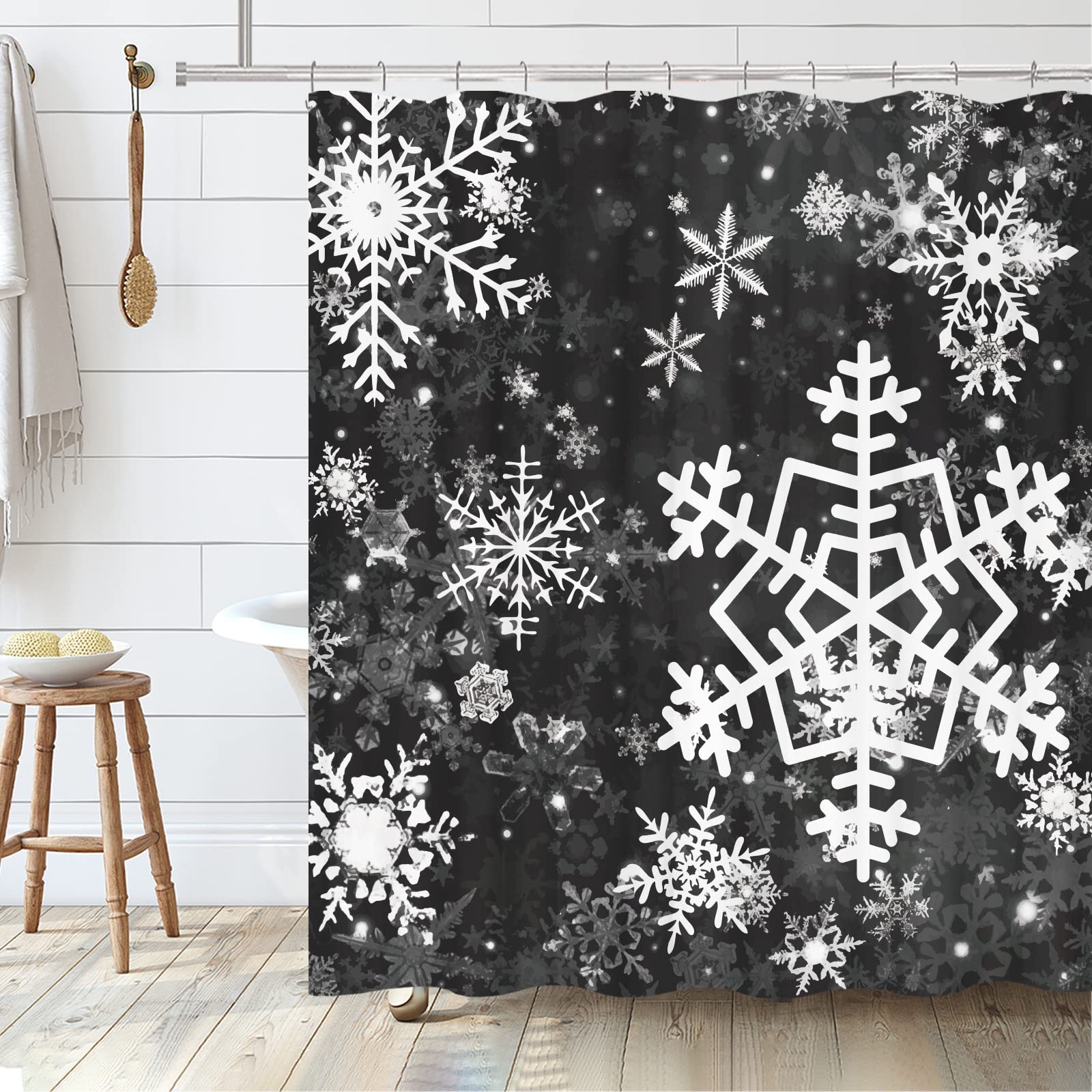 Tititex Merry Christmas Snowflake Shower Curtain Set, Happy Holiday Winter Black White Bathroom Decorative Winter Waterproof Fab