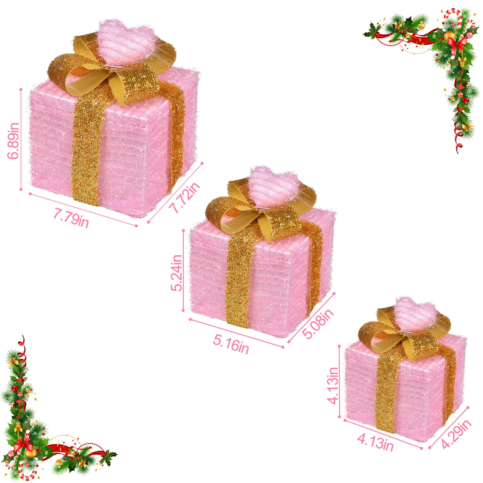 Tngan Pink Lighted Gift Boxes, Christmas Decorations for Indoor Outdoor, Room Decor for Bedroom, 60 LED Light Up Pink Gifts Batt