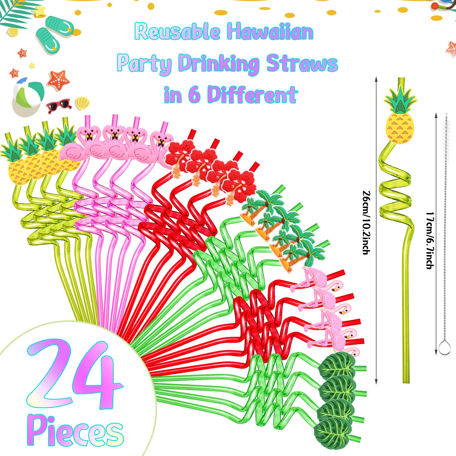 24 Pcs Hawaiian Reusable Plastic Straws With 2 Cleaning Brush Luau Theme Straws Flamingo Drinking Straws Aloha Party Favors For