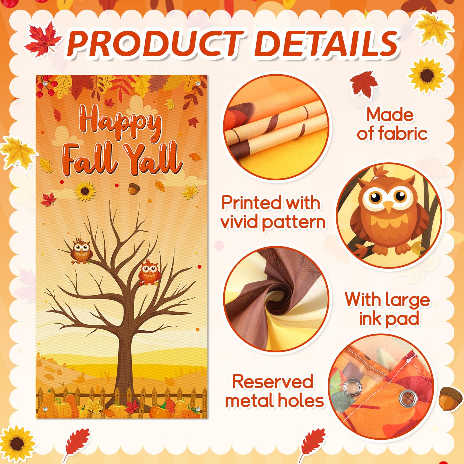 71 x 35 Inch Happy Fall Yall Door Cover Thanksgiving Tree Backdrop DIY Autumn Colorful Handprint Craft Bulletin Board with 4 PC