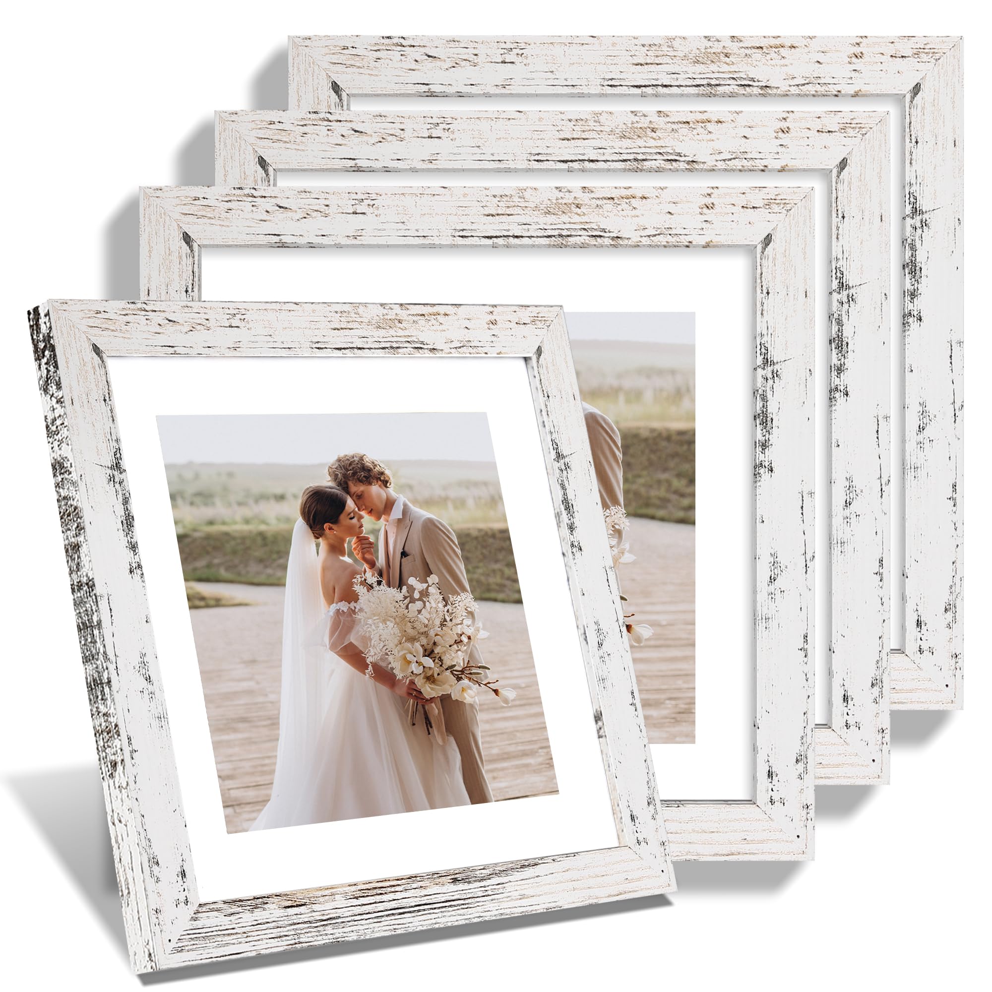 Hongkee 10x10 Picture Frame Set of 4, Made of Glass and Distressed White Wooden Frame - Display Picture 8x8 with Mat or 10 x 10 