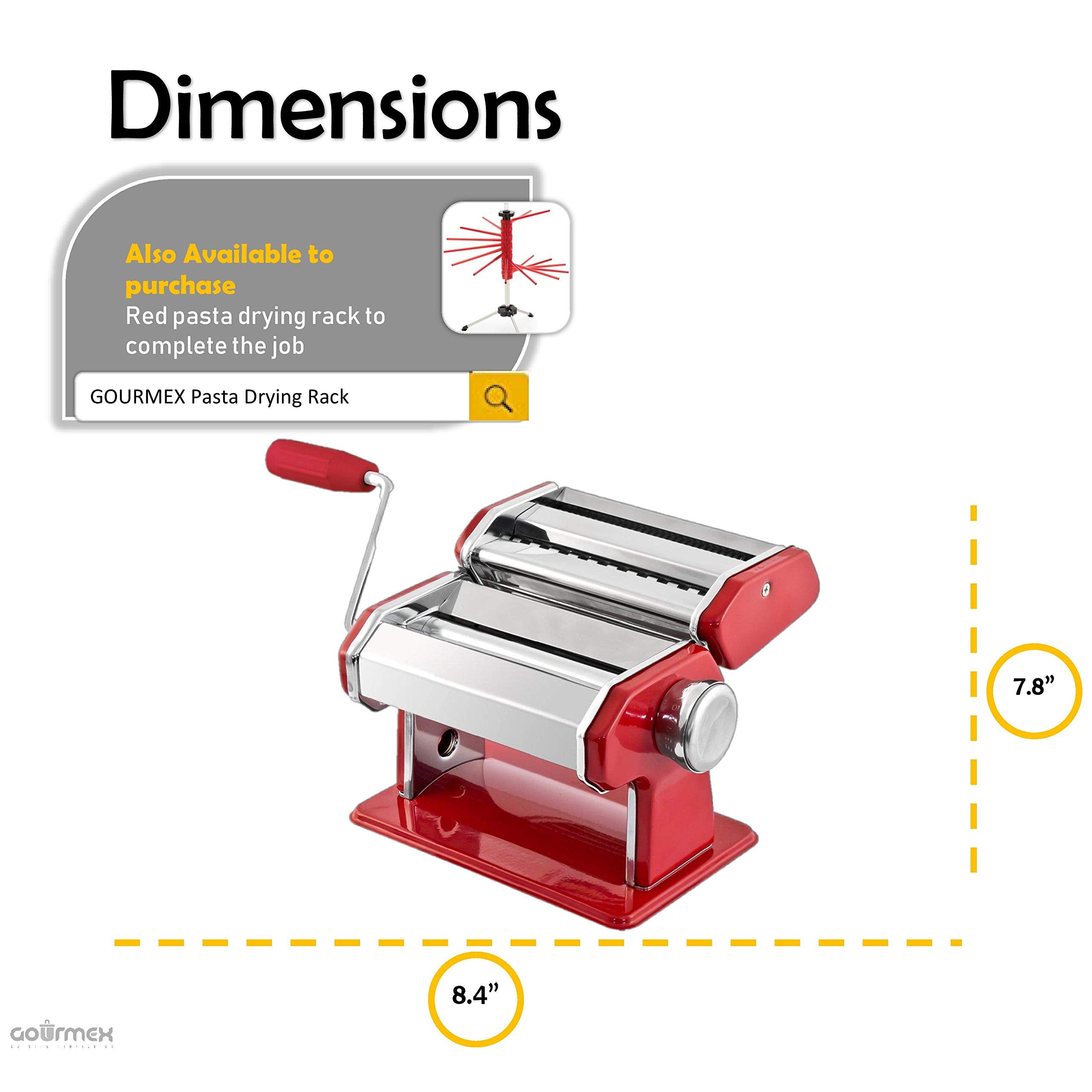 GOURMEX Stainless Steel Pasta Maker | Adjustable Thickness | Red | Ideal for Homemade Spaghetti & Fettuccini | Model gthyj87