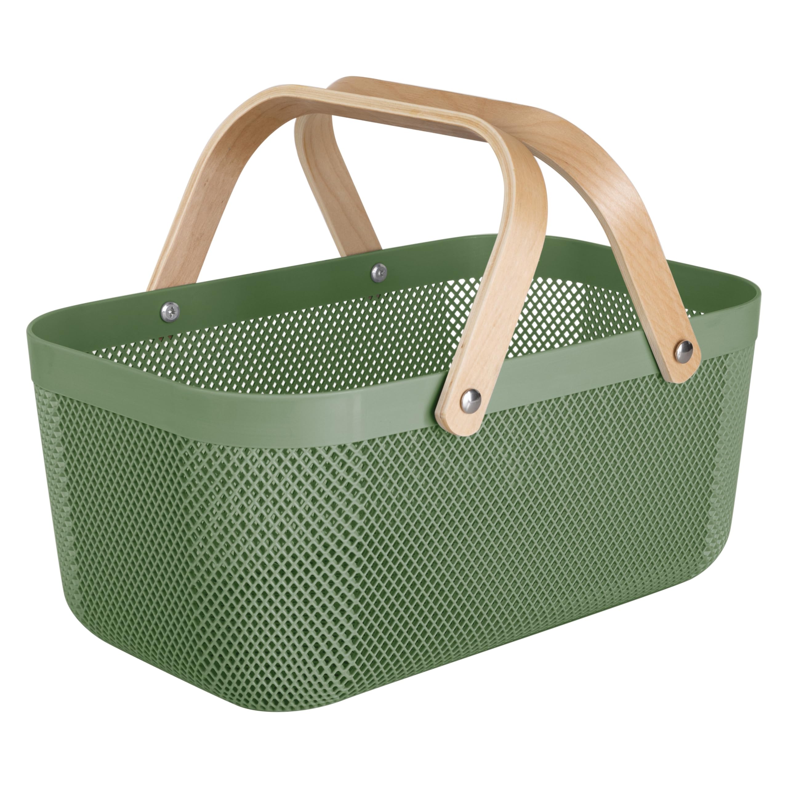 Simplify Large Mesh Plastic Storage Basket with Wooden Handle Forest Green Color | Garden Harvest Organizer | Kitchen Pantry Sto
