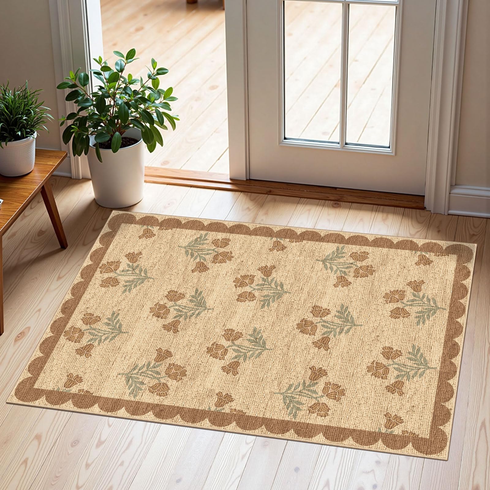 Othilic Front Door Mat Outside Entrance - 2x3 Floral Non-Slip Washable Doormat Indoor Outdoor Mat Jute-Look Farmhouse Tan Scallo