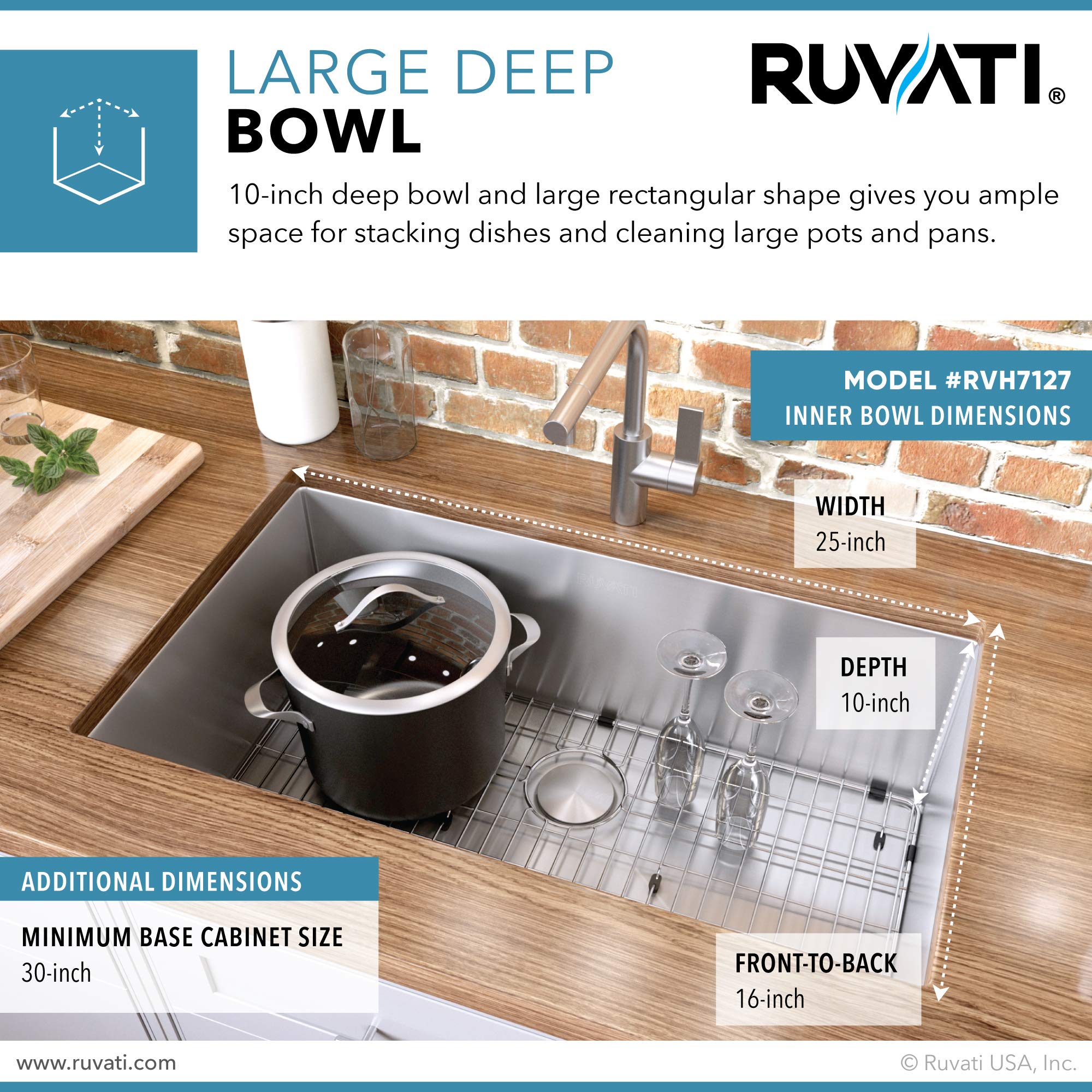 Ruvati 27-Inch Undermount 16 Gauge Rounded Corner Stainless Steel Kitchen Sink Single Bowl - Rvh7127