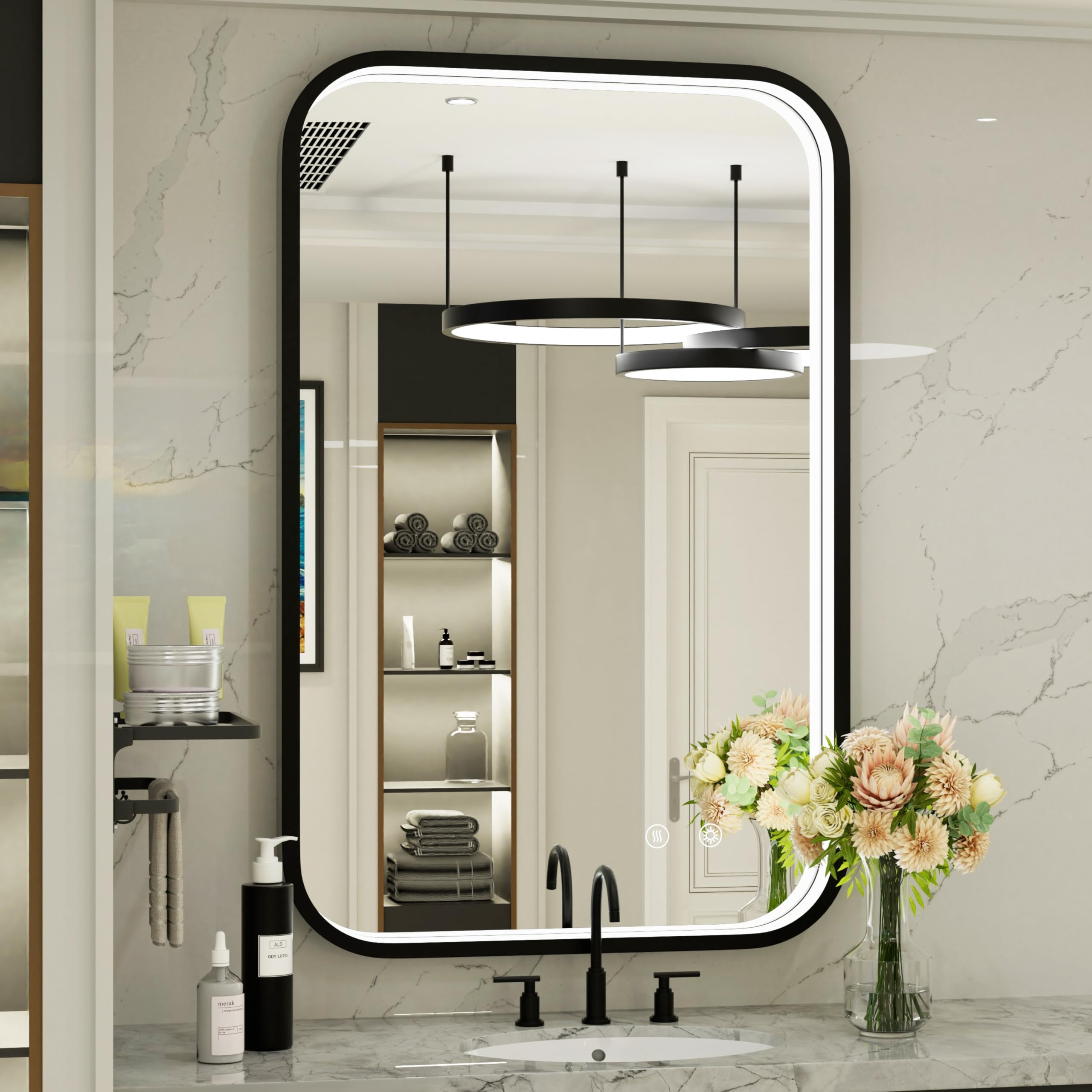 Jsneijder 24X36 Inch Led Bathroom Mirror With Black Frame, Wall Mounted Lighted Mirror For Bathroom, Stepless Dimmable Anti-Fog