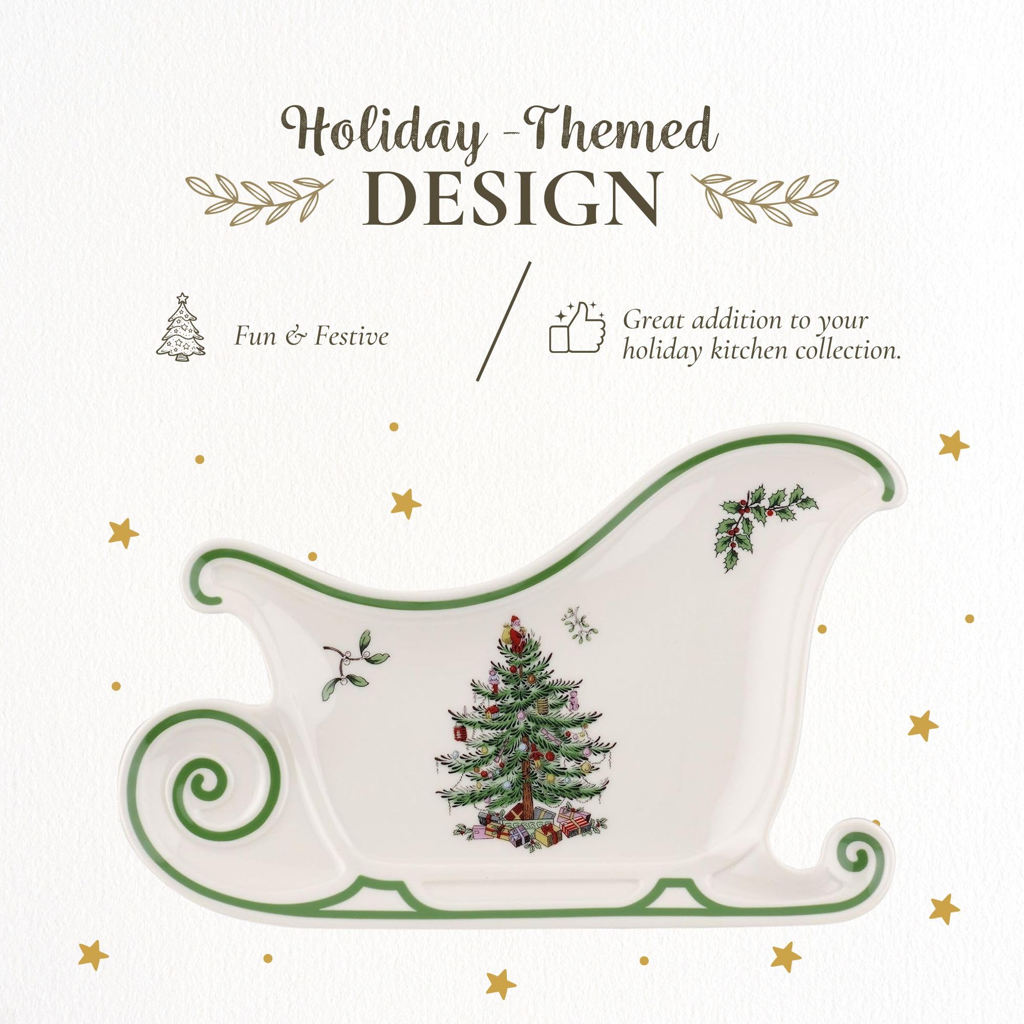 Spode Christmas Tree Embossed Sleigh Plate, 13.5 Festive Serving Dish for Christmas Tableware - Fine Porcelain Decorative Holida