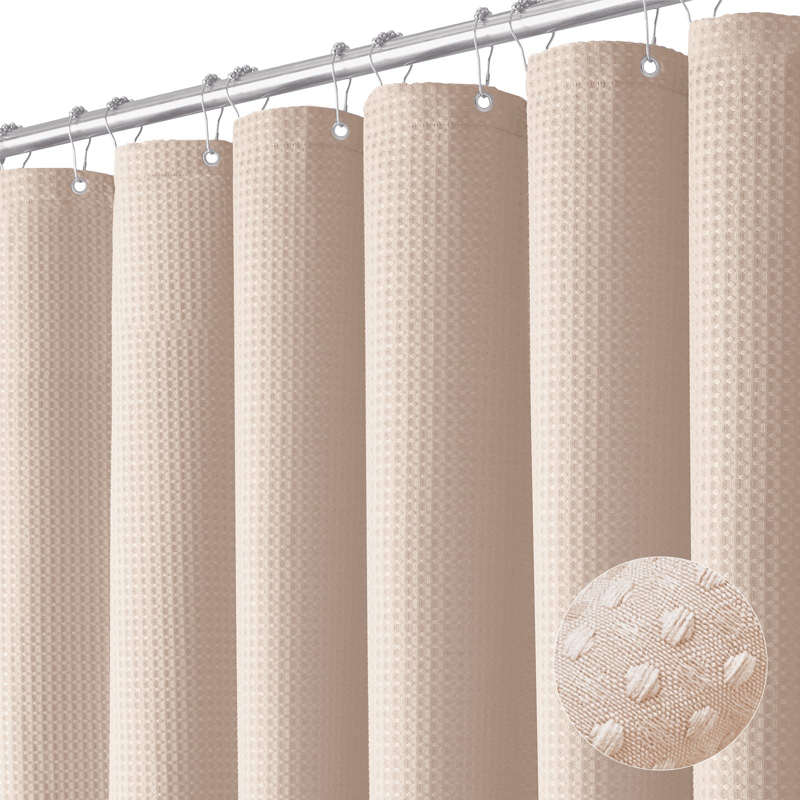 Dynamene Extra Long Shower Curtain - 96 Inch Long Waffle Weave Weighted Thick Cloth Bathroom Shower Curtain, Neutral Heavy Duty