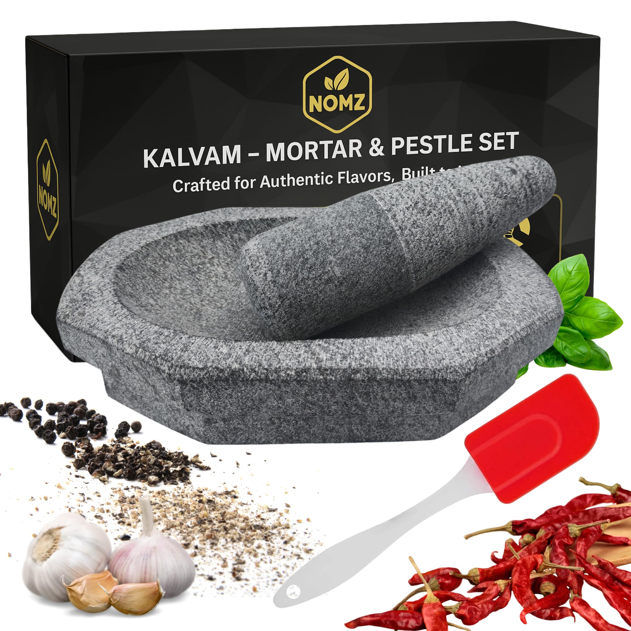 Nomz Mortar Pestle For Kitchen With AntiSlip Pad & Silicone Spatula  4.8 Kg Heavy, 10 Inch Block Shape, 2 Cup Capacity  Kalva