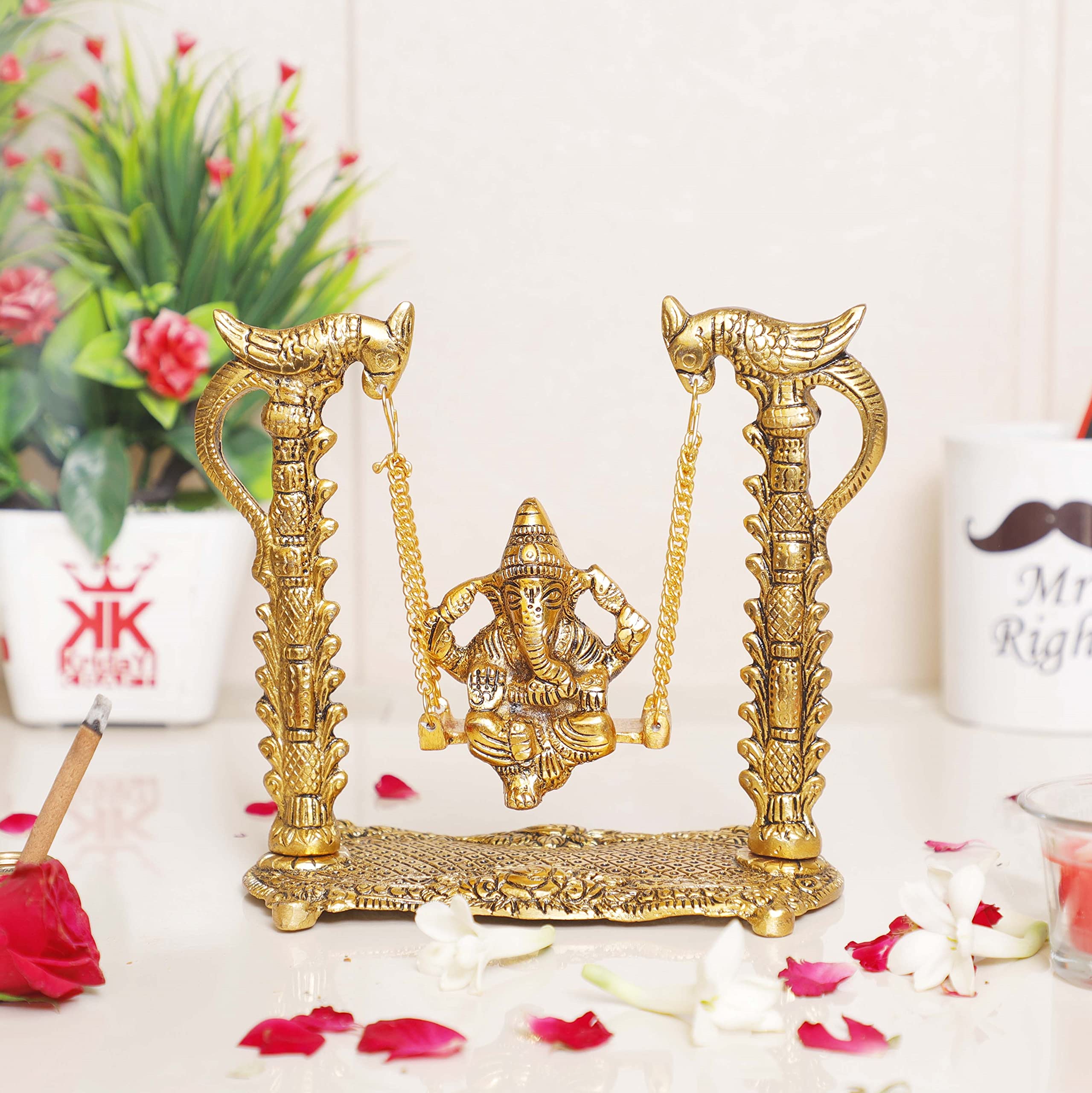Kridaykraft Ganesh Ji Jhula,Ganpati Idol On Swing Jhula For Temple Pooja,Ganesha Metal Statue Table Decorative Home,Office & Gif