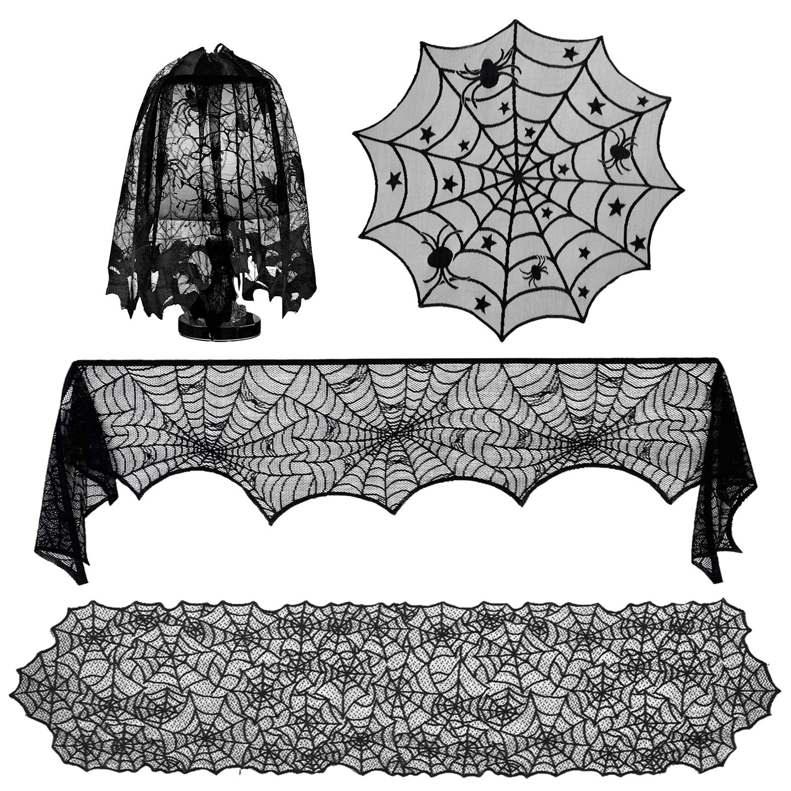Boao 4pc Halloween Decorations Tablecloth Spooky Bat Spiderweb Lace Rectangular Tablecloth, Halloween Party Decorations Round La