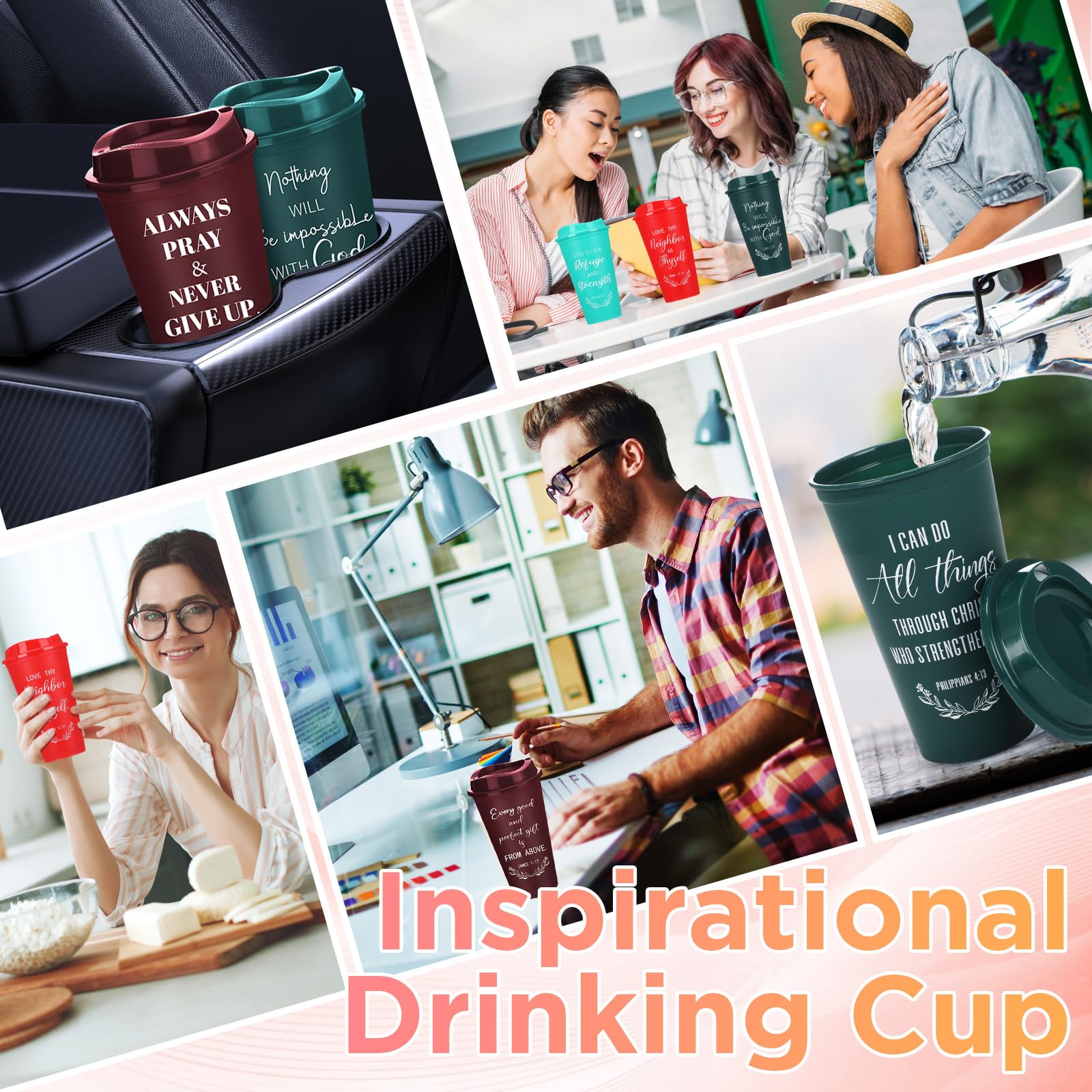 Skylety 40 Pack Christian Gifts for Men Women 16oz Reusable Bible Verse Tumbler Bulk Plastic Coffee Cups with Lids Inspirational
