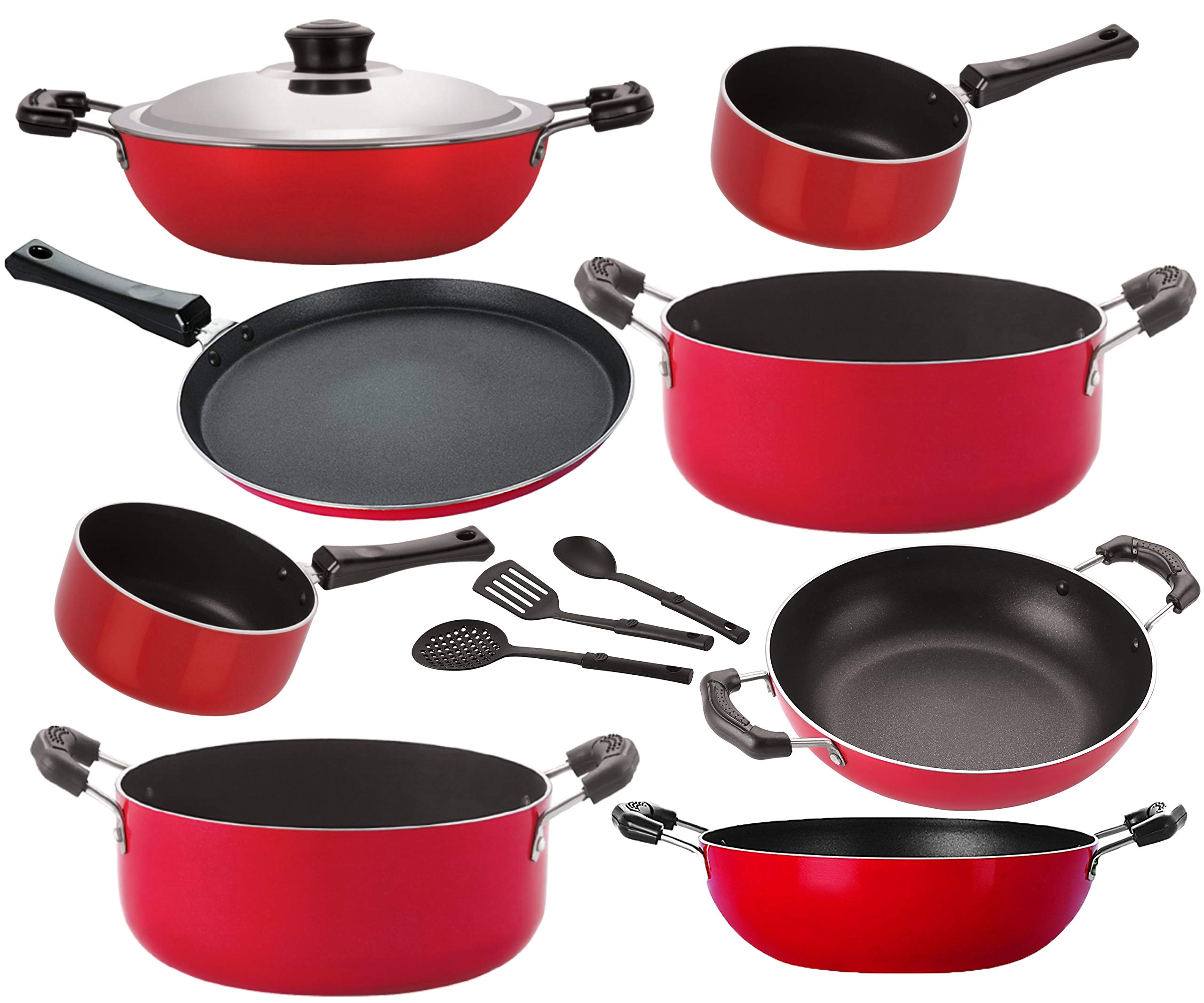 Nirlon Non Stick Aluminium Cookware Gift Set Flat Tawa/ 3 Kadhai/ 2 Sauce Pan/Casserole/3 Nylon Spoon  Set Of 10 (Red And Black