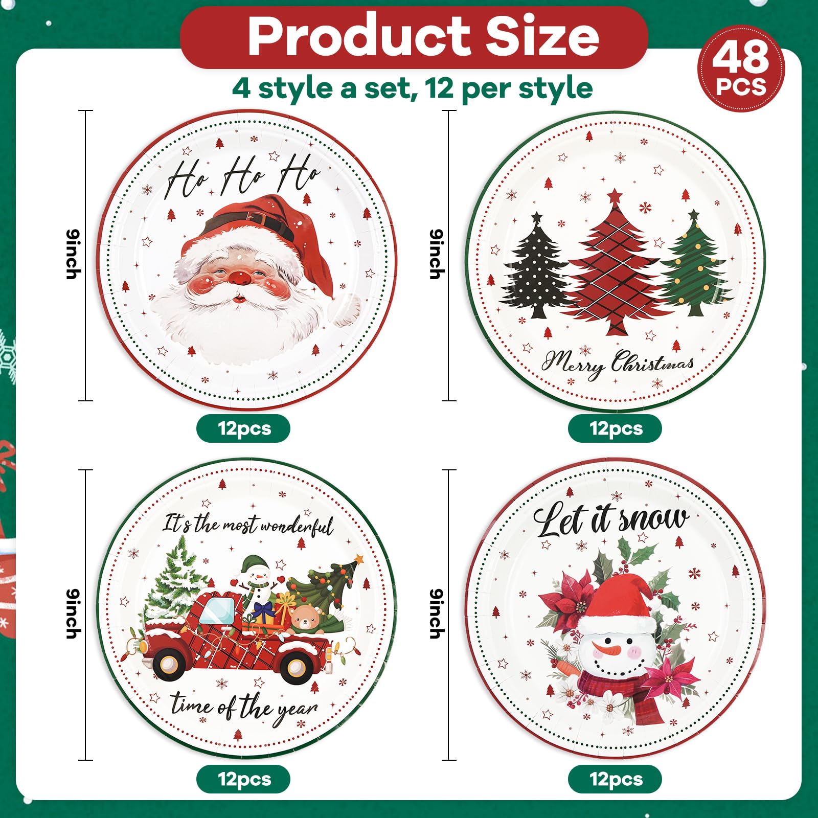 HFBOBP Christmas Paper Plates Set - 48 Pcs, 9 Inch, Disposable, Santa & Snowman Design, Holiday Party Decorations