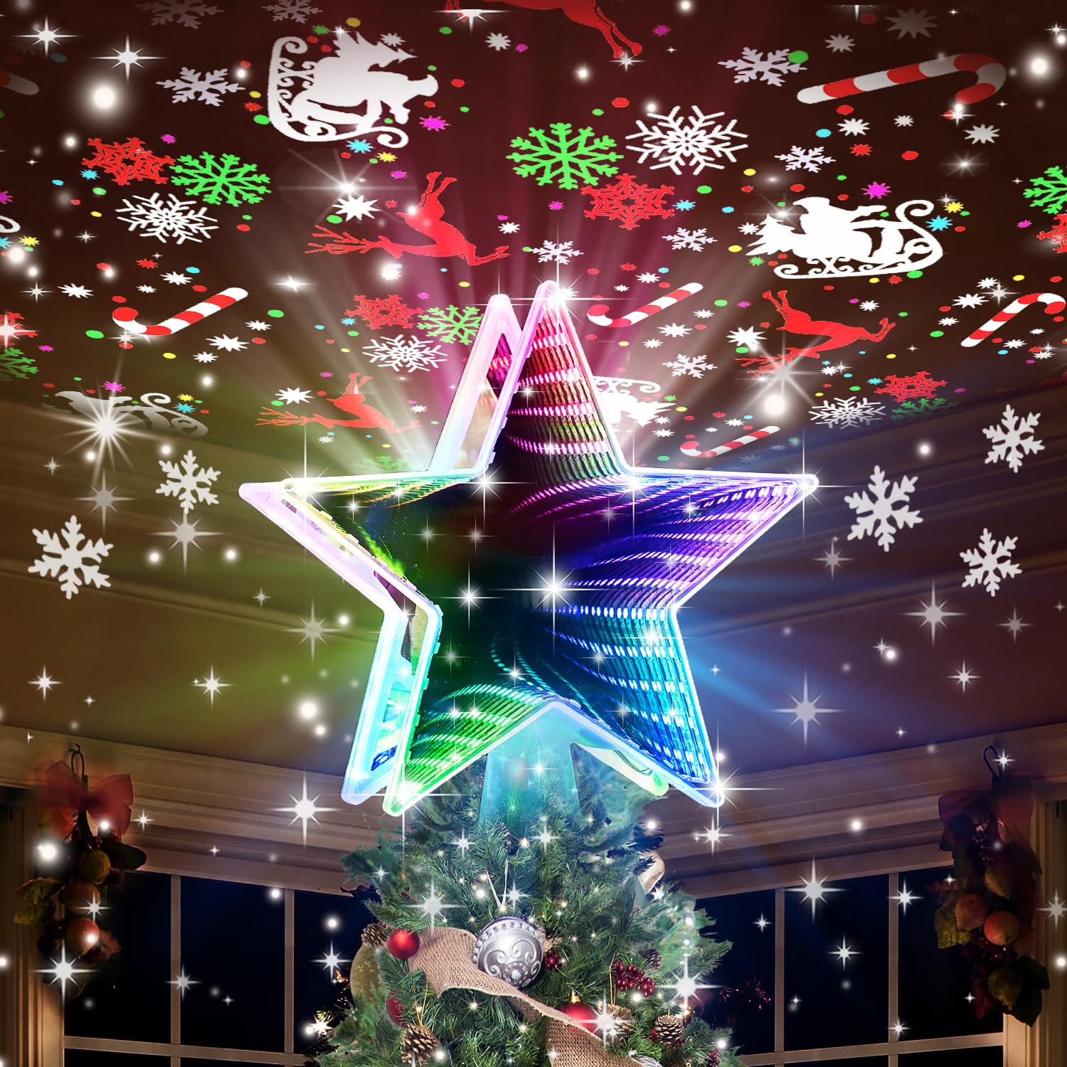 Kesfitt Christmas Tree Topper, Dynamic Tunnel Mirror Colorful Light Star Topper with 6 Projection Modes, Tree Topper Lighted 3D 