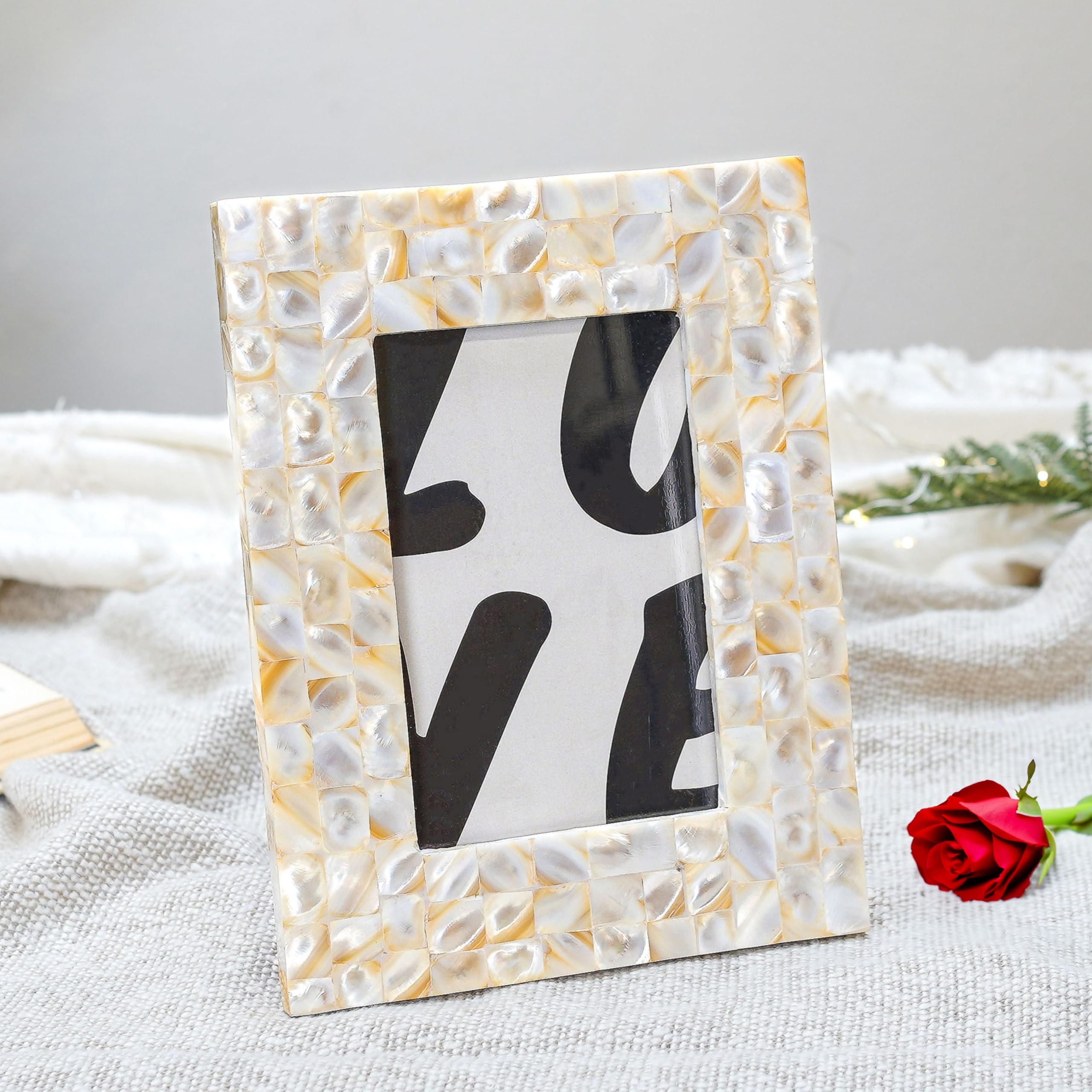 Behoma Elegent Wooden Mother Of Pearl Handcrafted Rectangular Picture Frame Tabletop | Best Gift For Home Decor, Birthday, Anniv