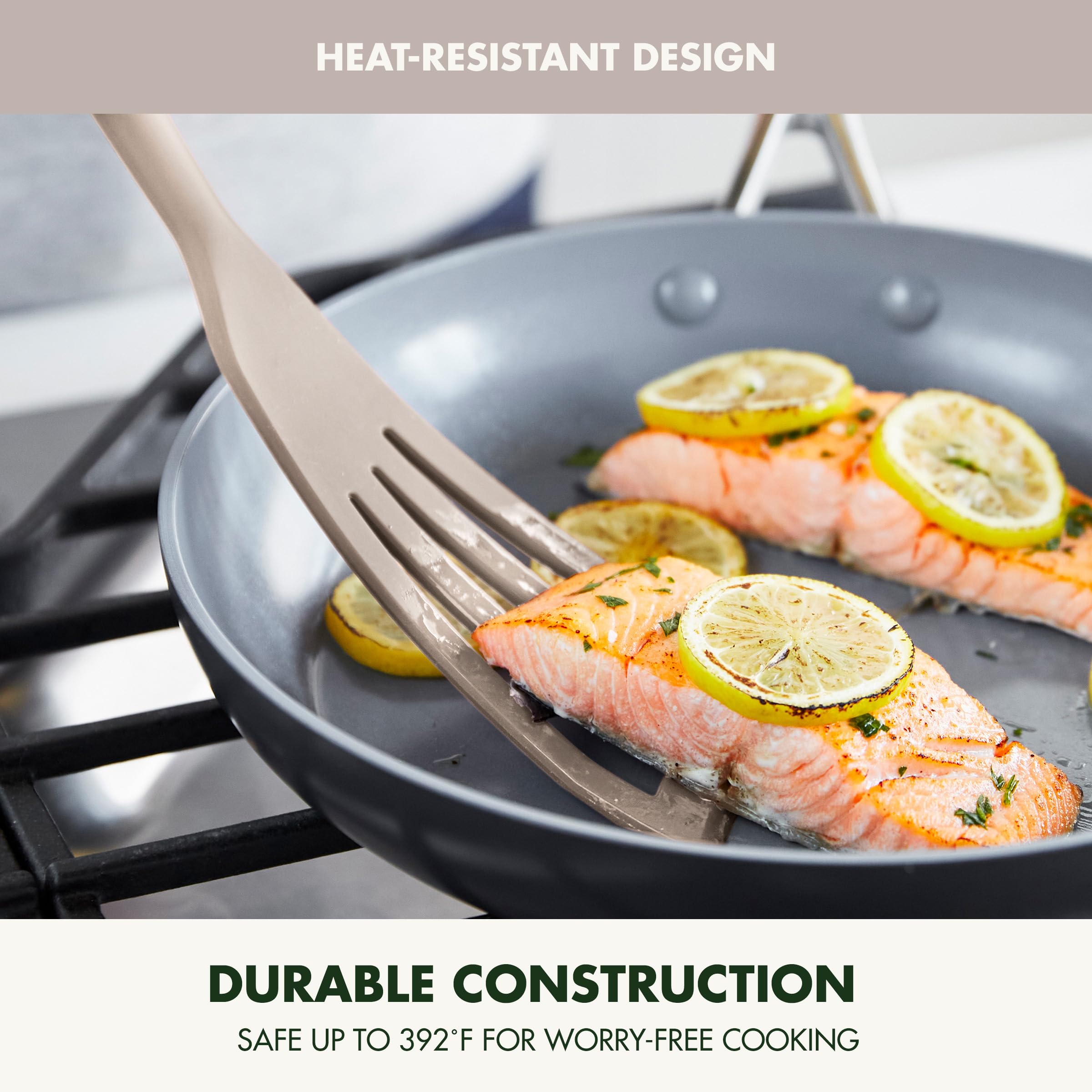 Greenpan Silicone Fish Turner Spatula, Slotted Cooking Kitchen Utensil, Flexible Rubber Nonstick Cookware, Rigid Steel Core, Hea