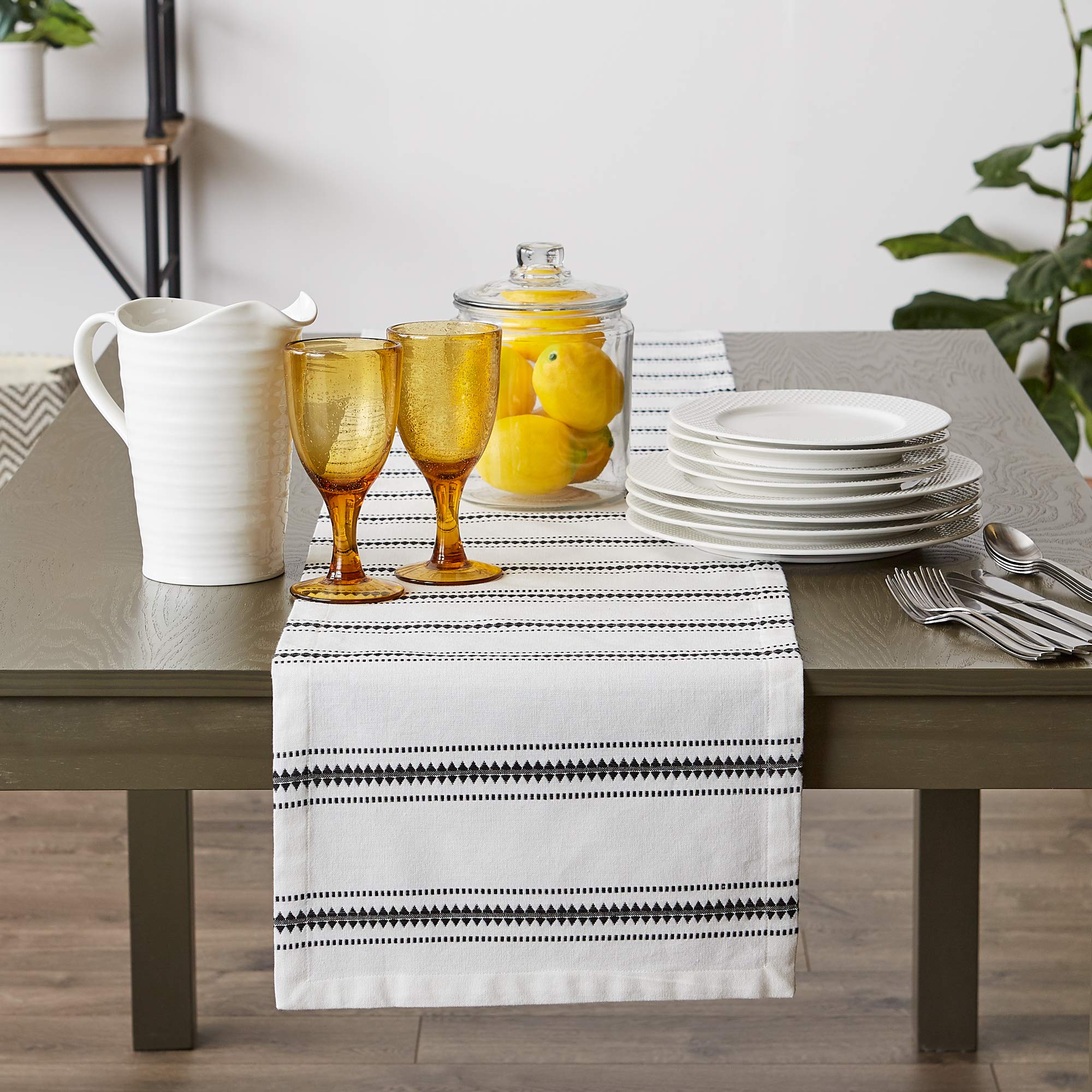 Dii Zig Dobby Tabletop Collection, White Cotton Background With Embellished Stripe, Table Runner, 14X108, Black