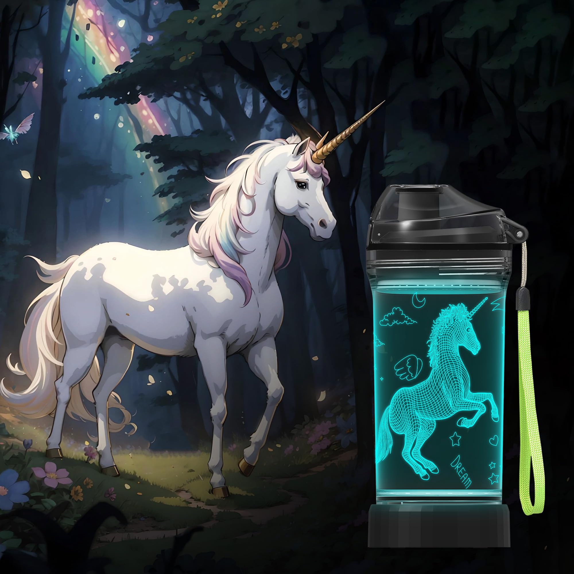 CoolGift Mart Unicorn Gifts for Girls, Light Up 3D Unicorn Water Bottle, 14oz Tritan BPA Free - Kids Drinking Cup - Christmas Ho