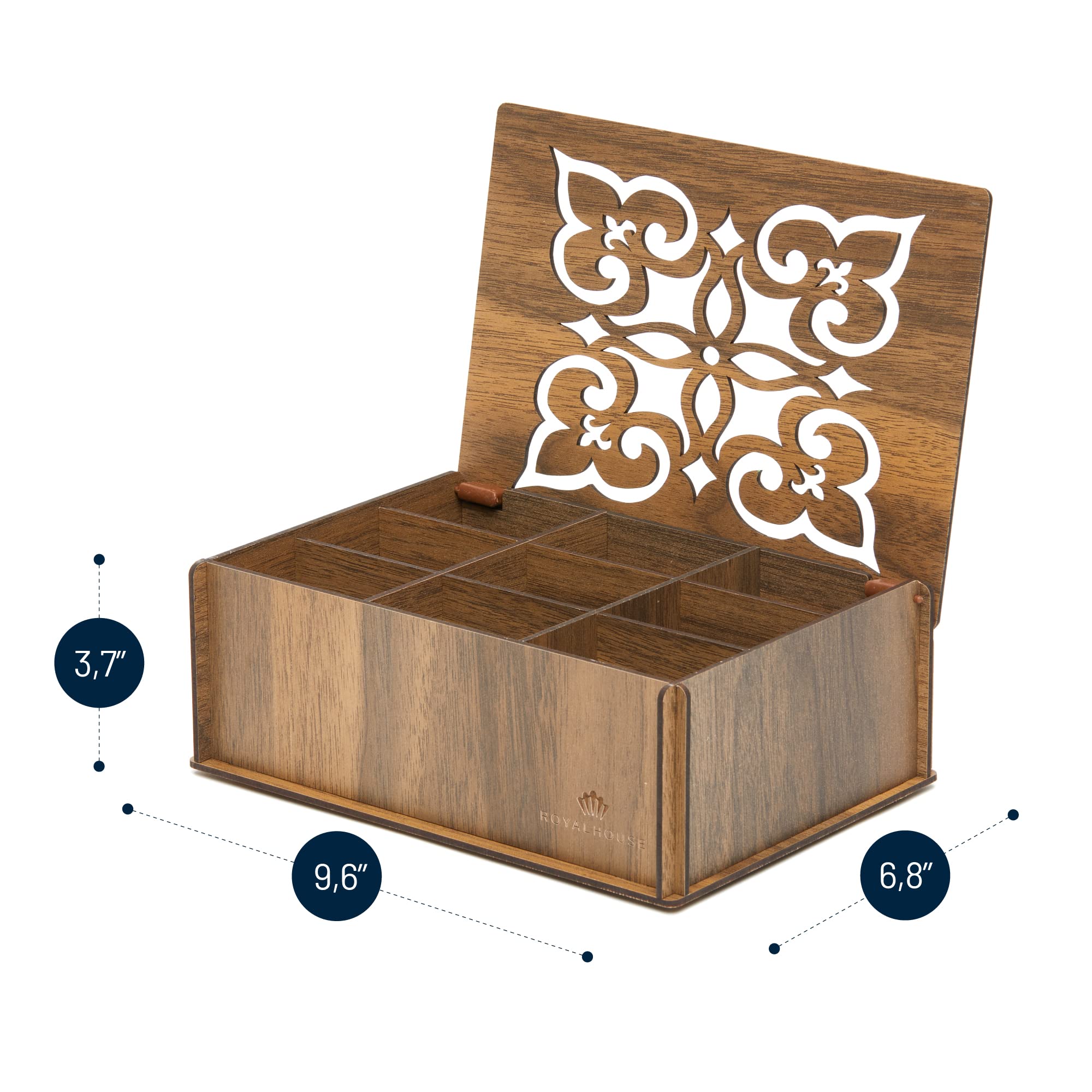 RoyalHouse Premium Wood (Hard MDF) Tea Storage Box Organizer (Walnut)  Eco-Friendly Multi-Functional Decorative Box  9 Compartments For Assorted Variety Of Tea Bags and Small Items