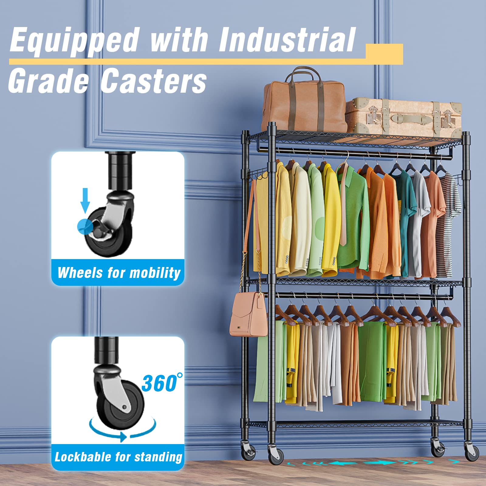 Homdox Double Rod Closet 3 Shelves Wire Shelving Clothing Rolling Rack Heavy Duty Garment Rack With Wheels And Side Hooks