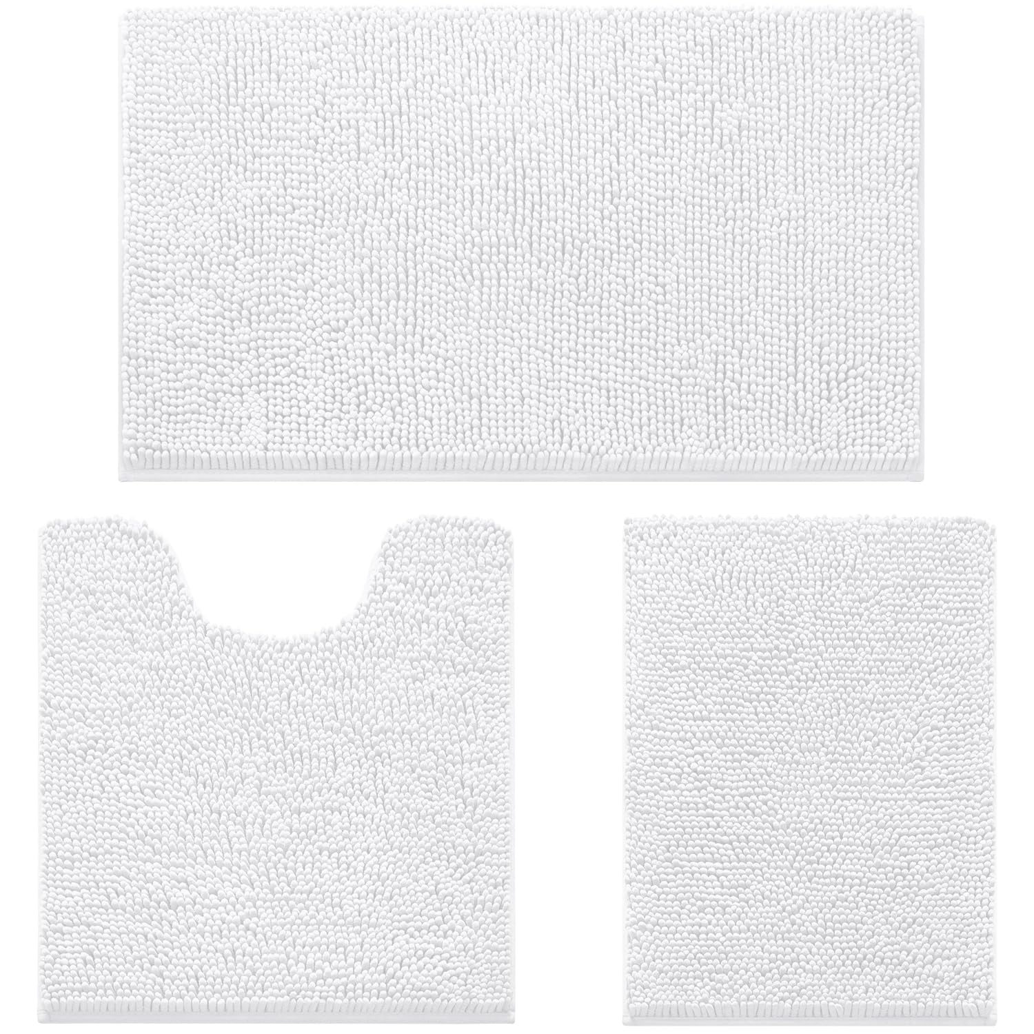 HOMEIDEAS 3 Pieces Bathroom Rugs  Ultra Soft Non Slip Absorbent Chenille Toilet Bath Mat Set (White)