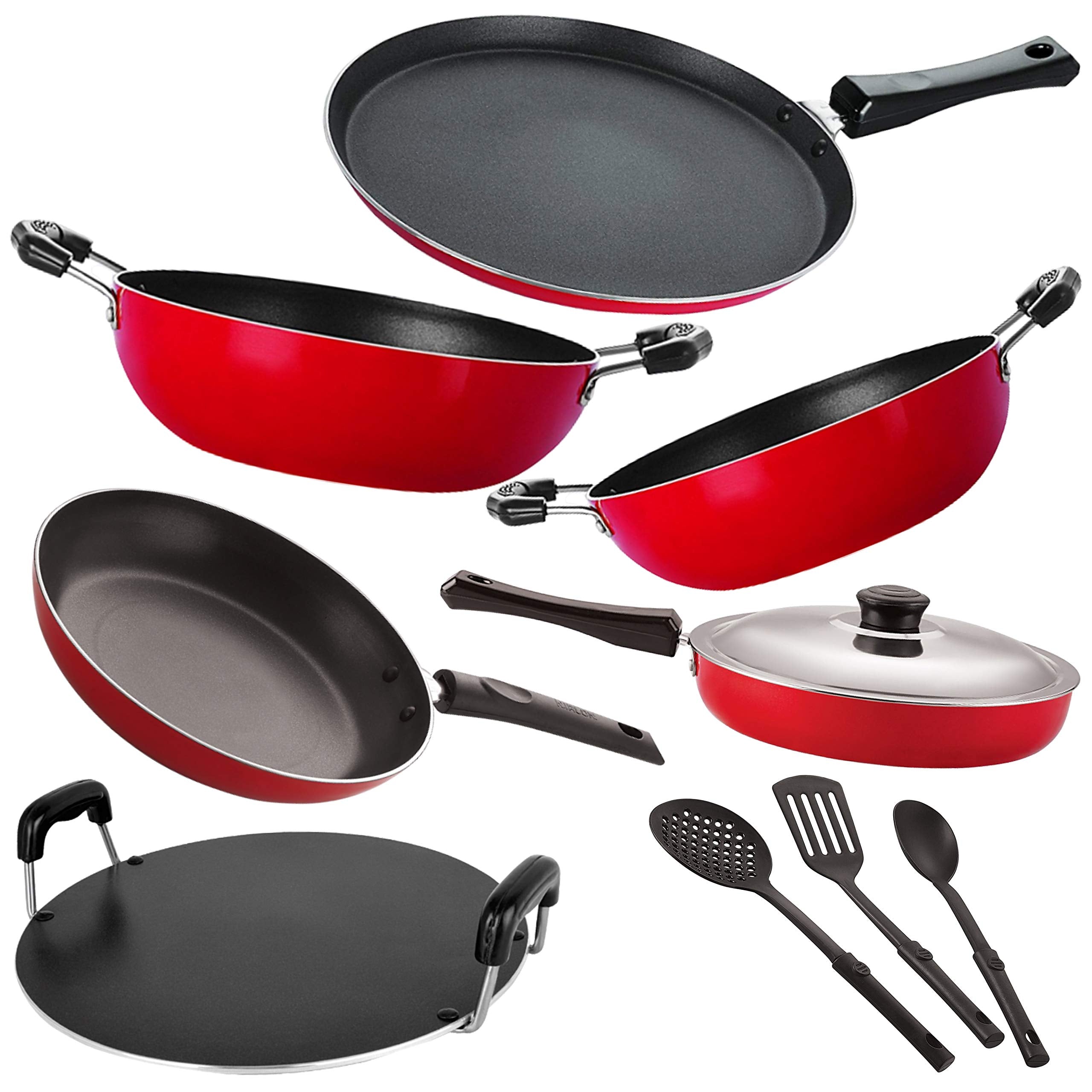 Nirlon NonStick Aluminium Healthy Cookware Kitchen Combo Set  9 Pieces Black & Red, 2.6Mm_Ft13_Kd13_Kd14_Tp_Rt_Fp12_3Spn