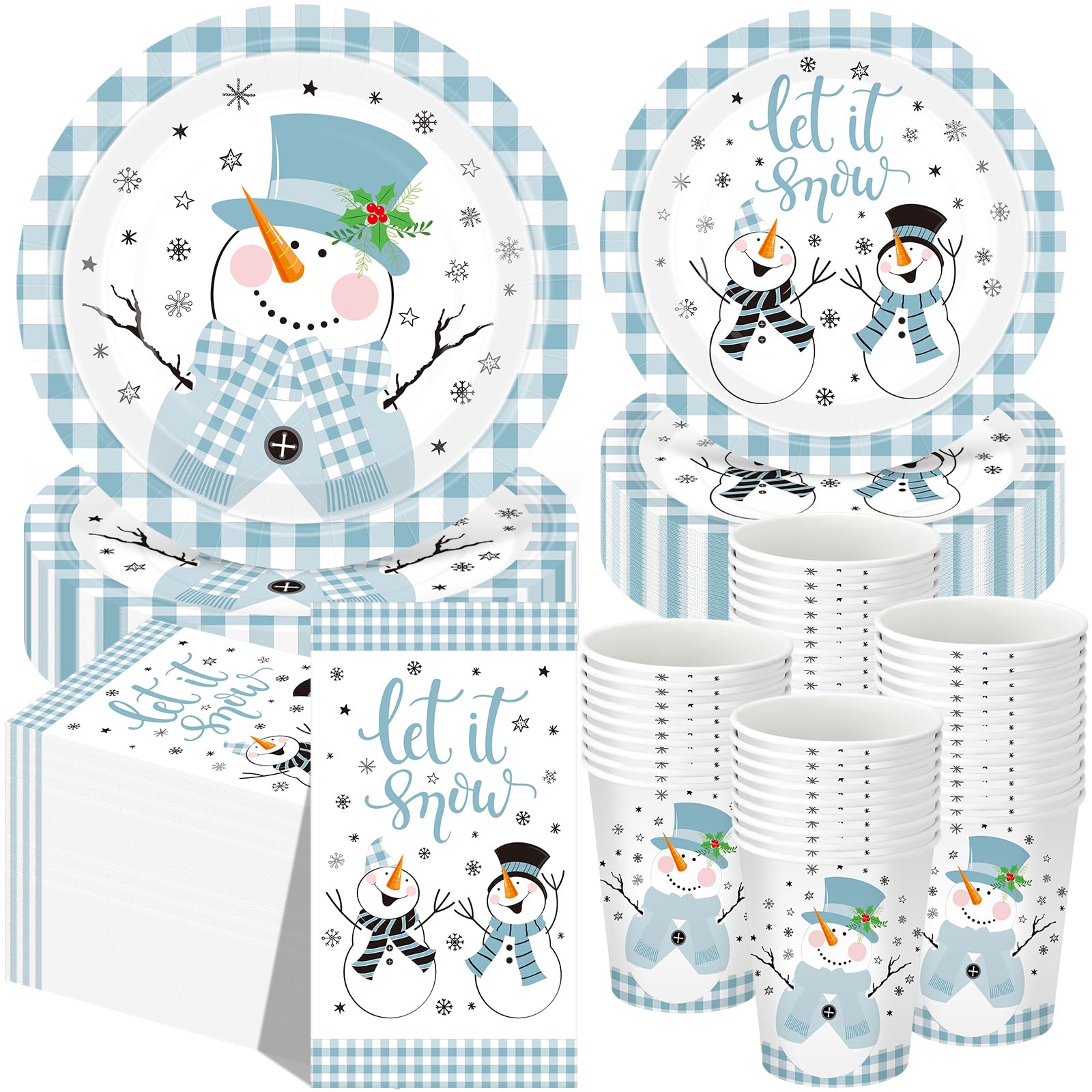 Funnymoom 250 Pcs Christmas Snowman Paper Plates and Napkins Party Supplies Blue White Buffalo Plaid Winter Disposable Tableware